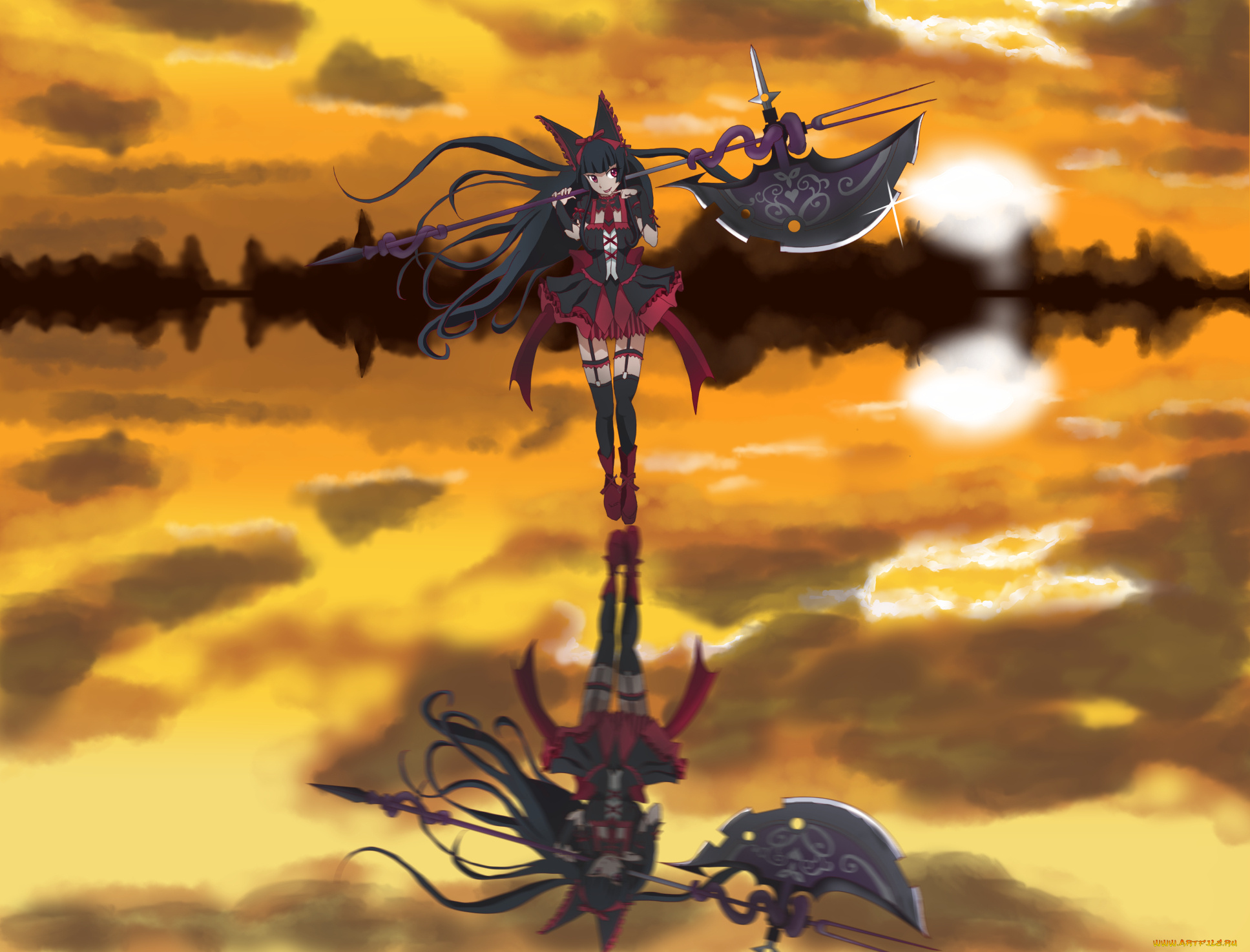 аниме, gate, арт, kogane, ryuume, jieitai, kanochi, nite, kaku, tatakaeri, rory, mercury, девушка, отражение, оружие, закат, солнце