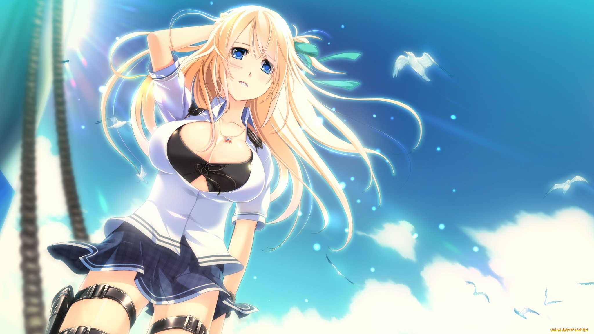 аниме, unknown, , другое, кулон, флаг, россии, солнце, звезда, значок, лента, канат, кобура, облака, небо, птица, девушка, взгляд, фон