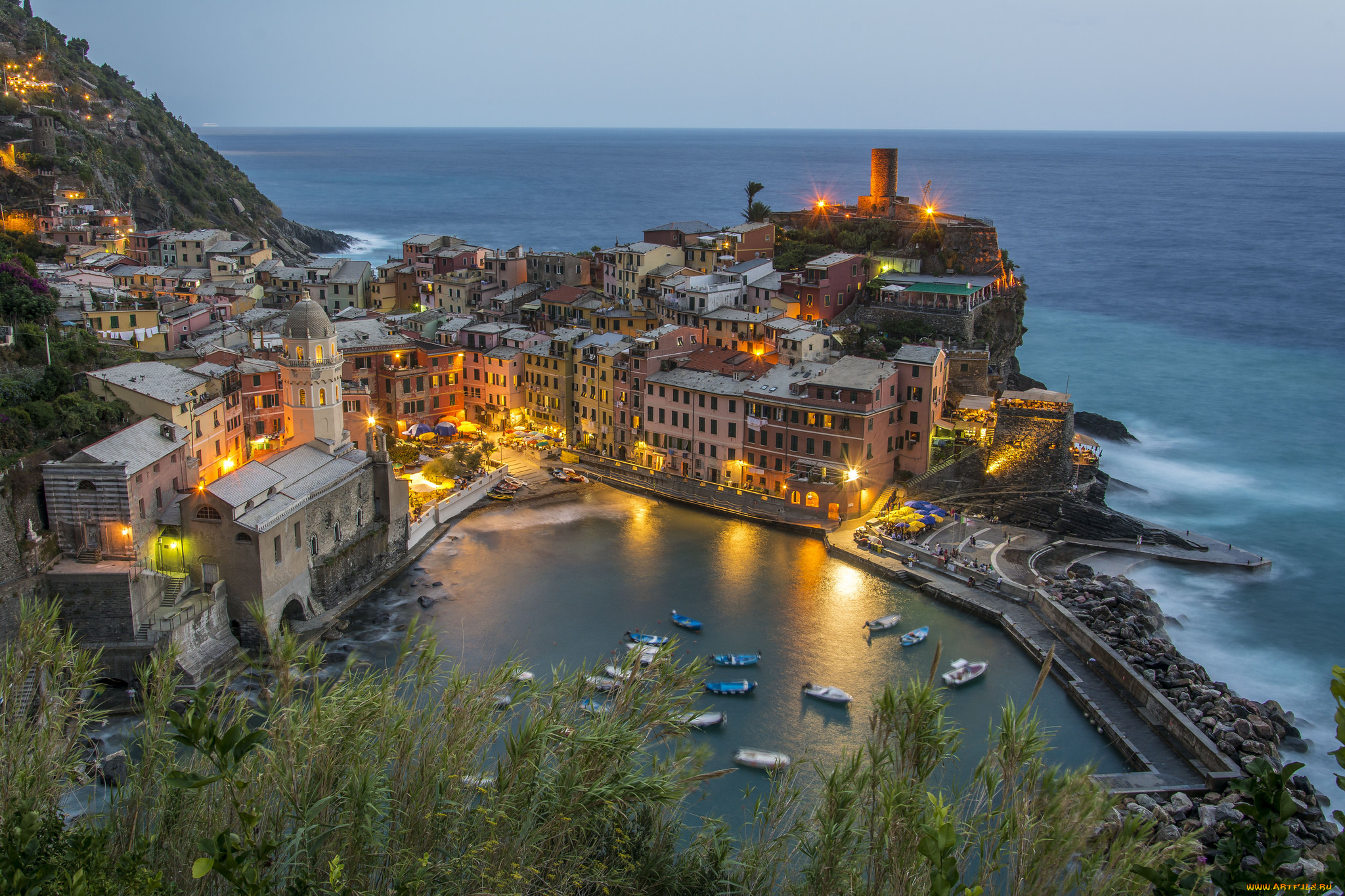 cinque, terre, города, -, огни, ночного, города, огни, поселок, гавань, море