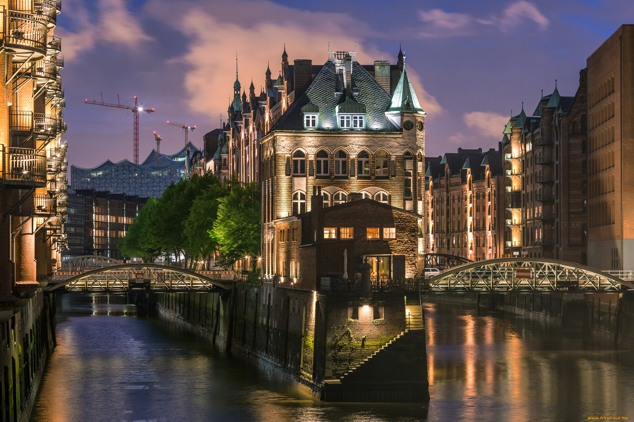 hamburg, города, гамбург, , германия, огни, канал, здания, ночь