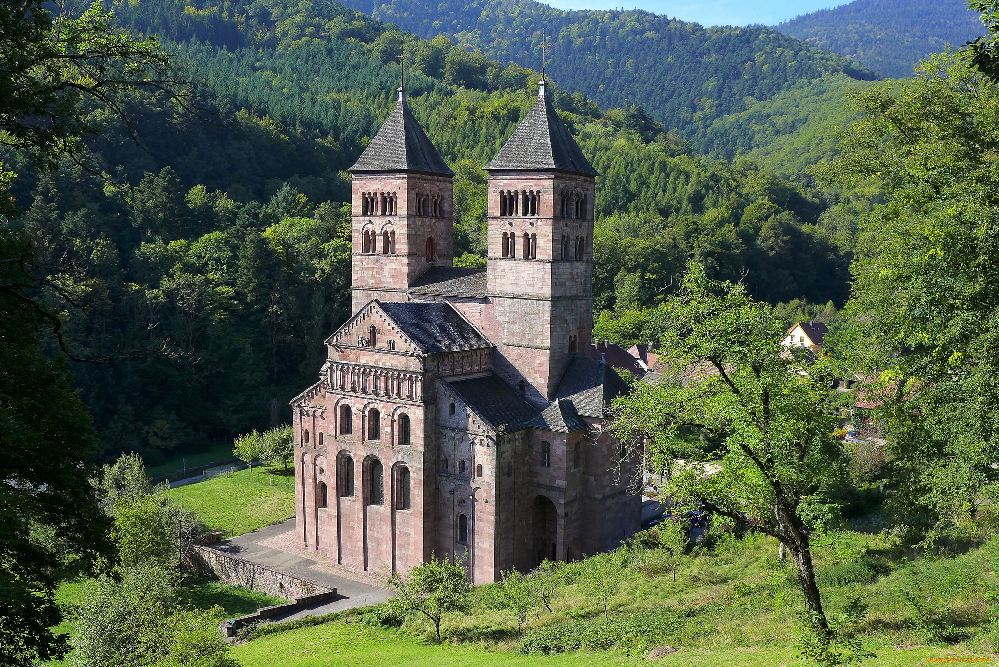 benedictine, abbey, города, -, католические, соборы, , костелы, , аббатства, горы, лес, аббатство