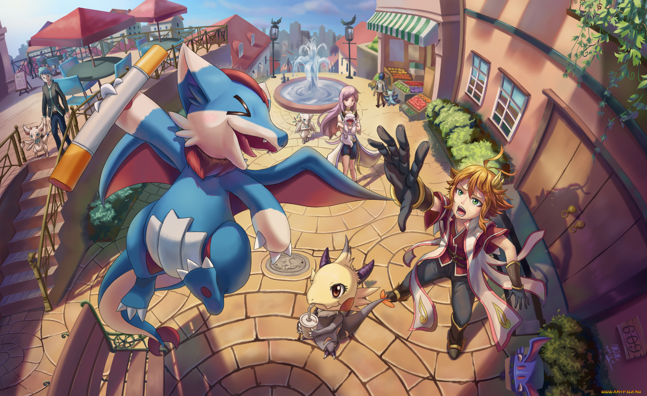 аниме, животные, , существа, ho-oh, artist, девушка, драконы, город, парень, арт