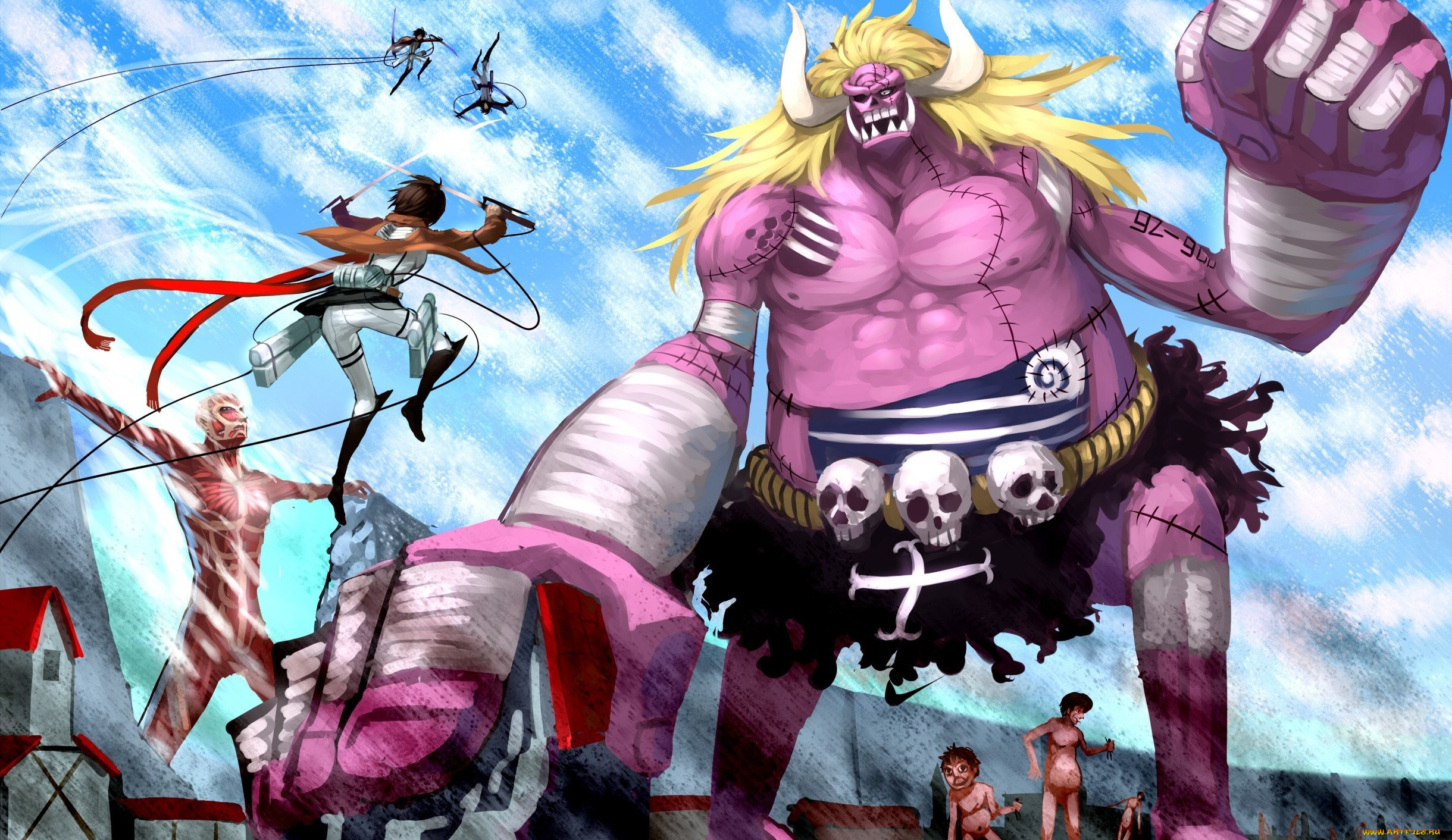 attack, on, titan, &, one, piece, аниме, unknown, , другое, mikasa, ackerman, titan, attack, on, shingeki, no, kyojin, one, piece, eren, yeager, giant, crossover, oars