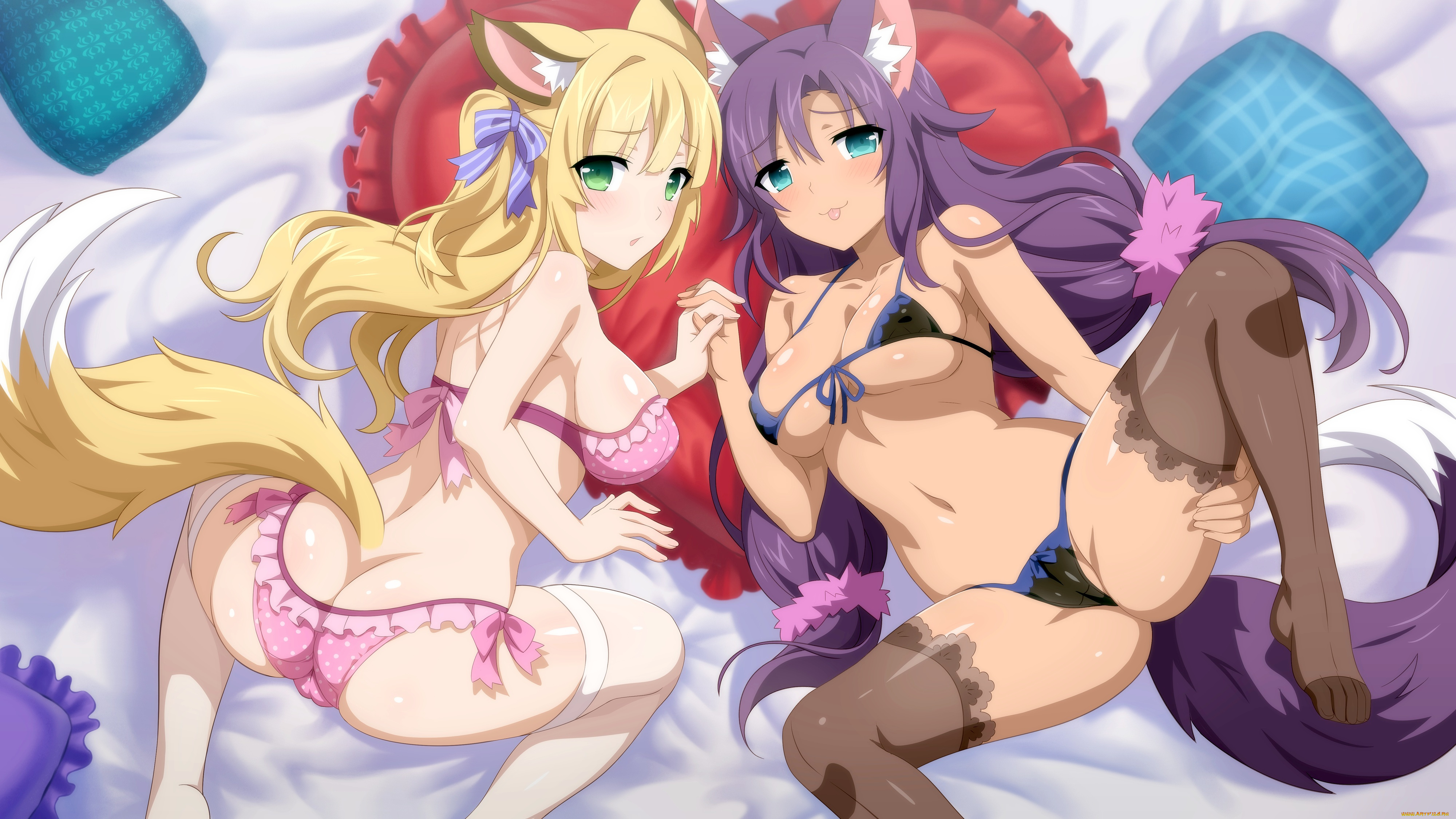 аниме, животные, , существа, ушки, хвост, взгляд, фон, волосы, нижнее, белье, девушки