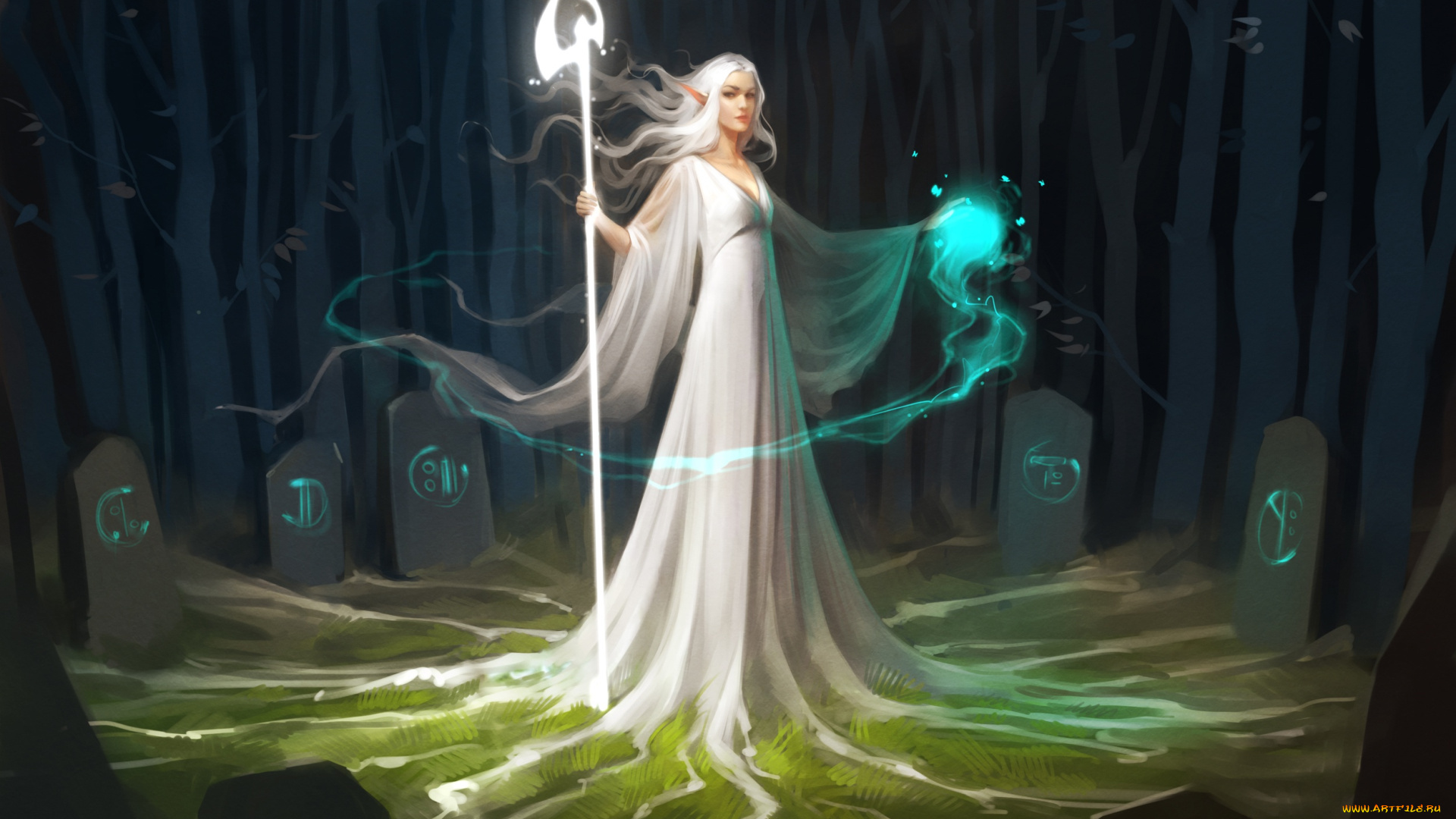 фэнтези, магия, маг, деревья, лес, красота, посох, девушка