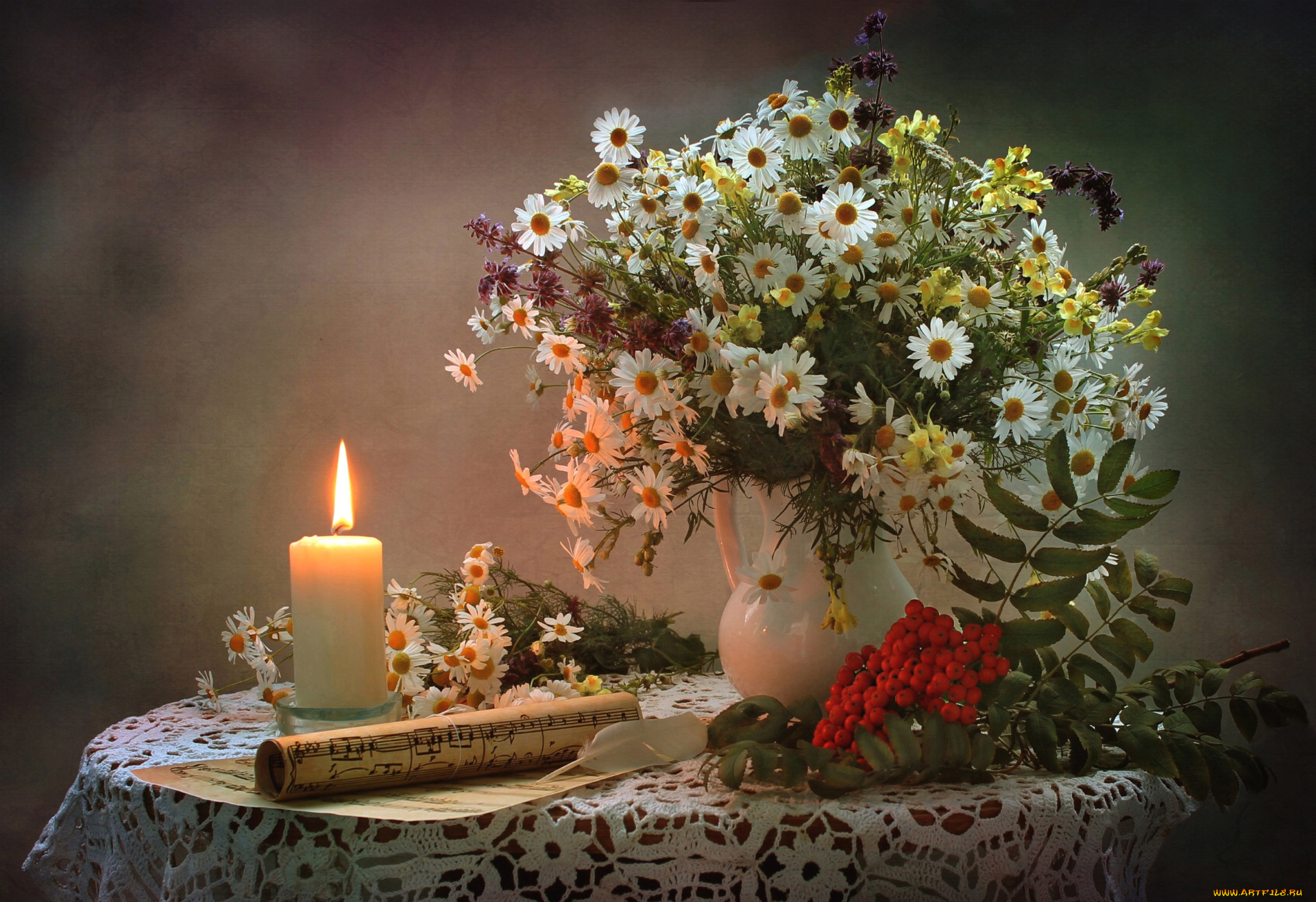 еда, натюрморт, свеча, ноты, ромашки, букет, рябина
