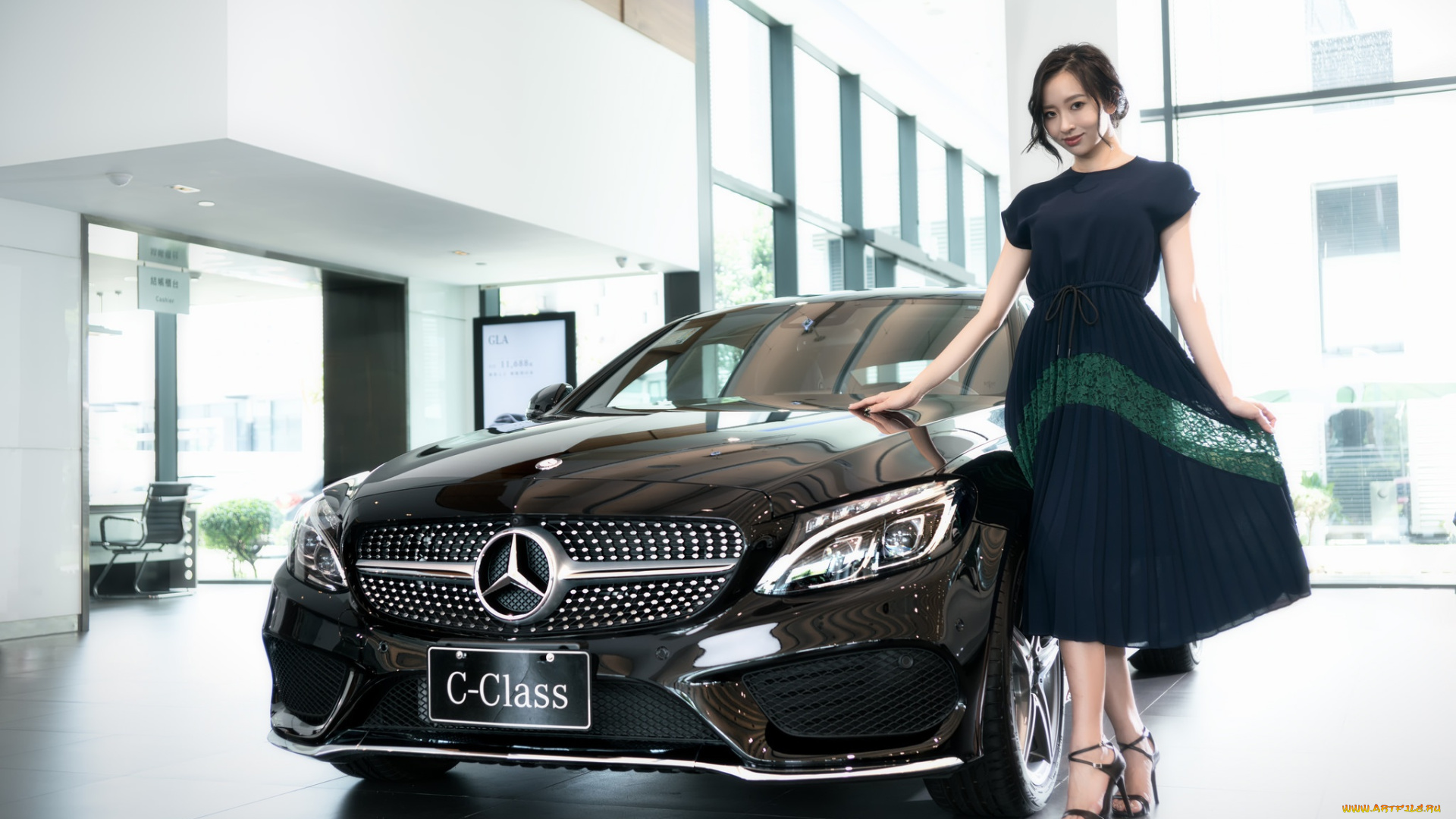 автомобили, -авто, с, девушками, mercedes-benz, азиатка, c-class, мерседес, белый, платье