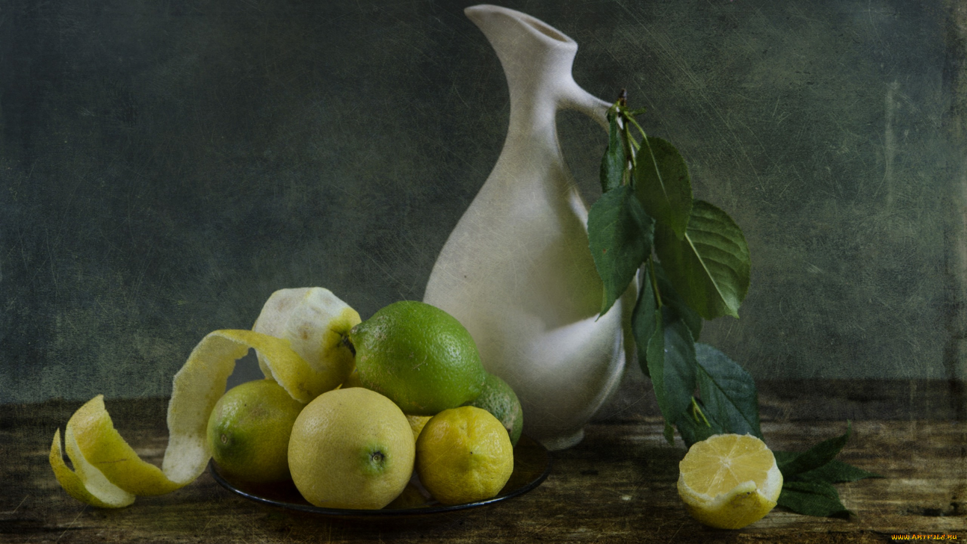 еда, цитрусы, лимон, лайм, кувшин, ветка