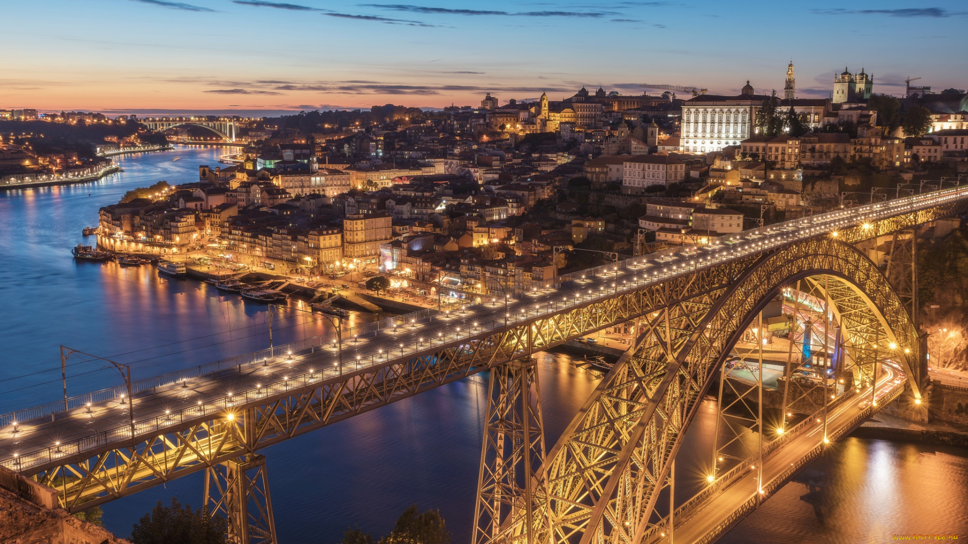 города, -, мосты, река, закат