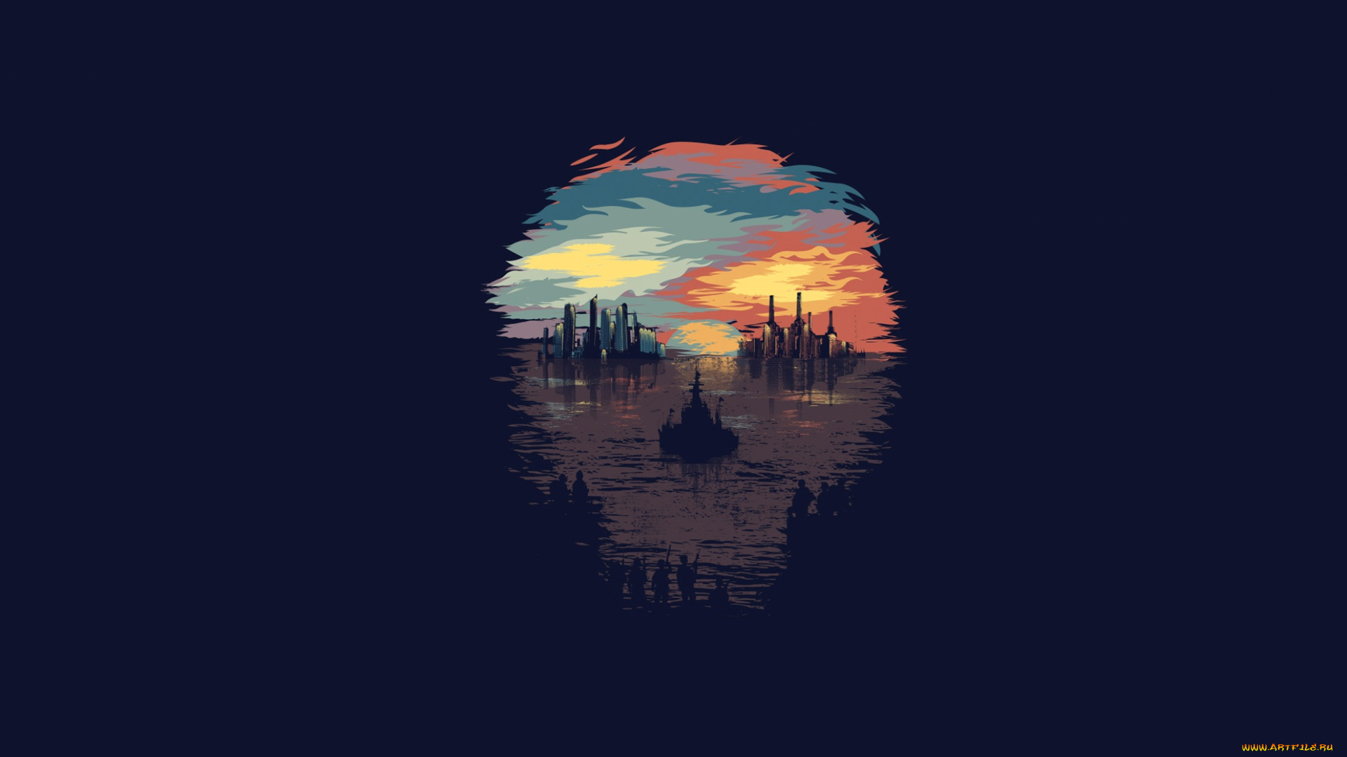 рисованное, минимализм, череп, солдаты, города, корабль