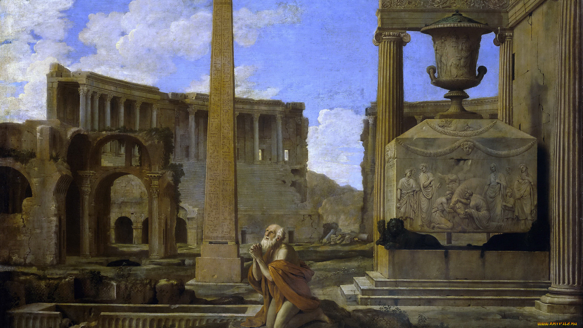 рисованное, живопись, город, обелиск, отшельник, молящийся, среди, руин, картина, жан, лемер