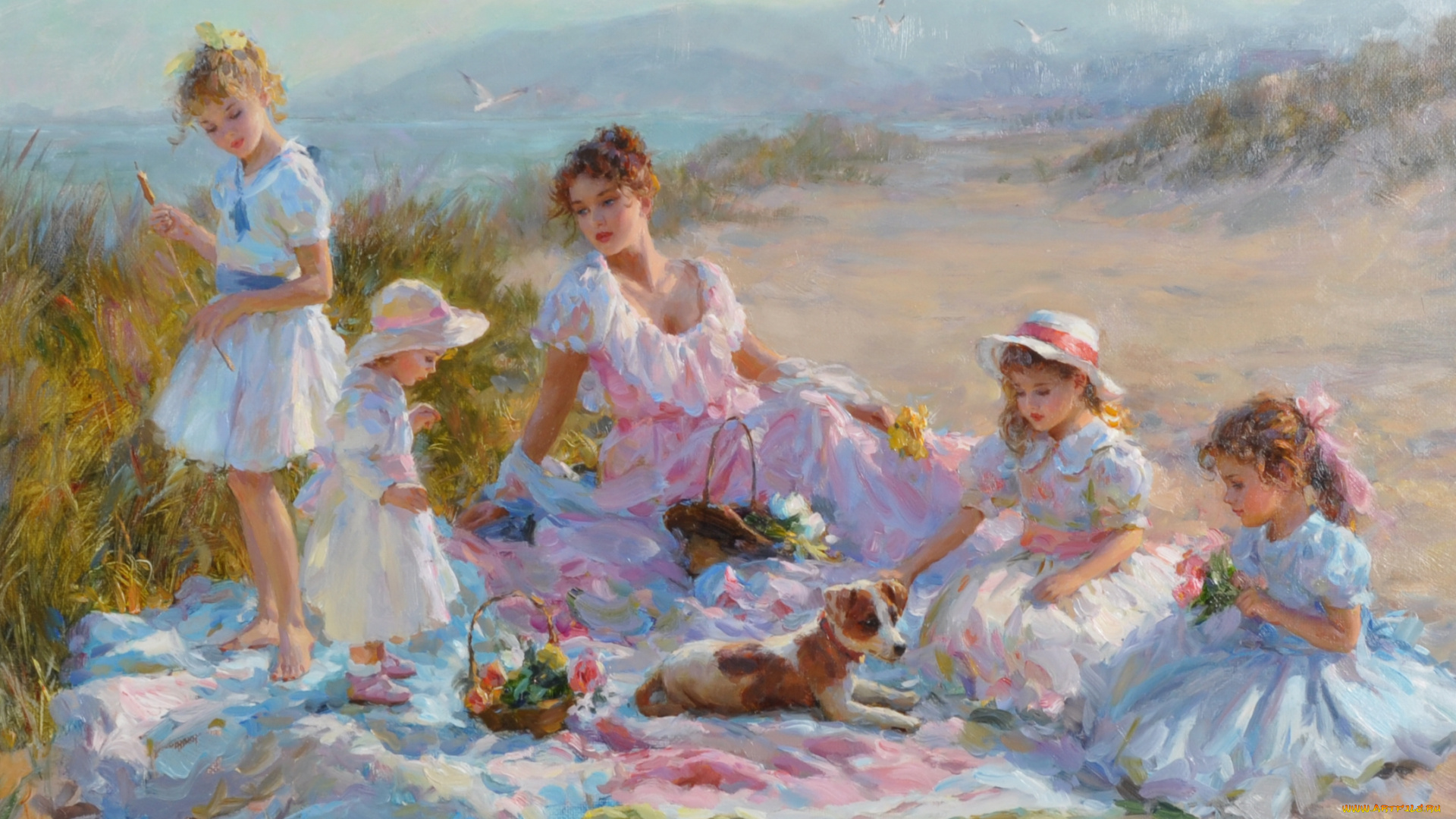 рисованное, живопись, взгляд, фон, девочки