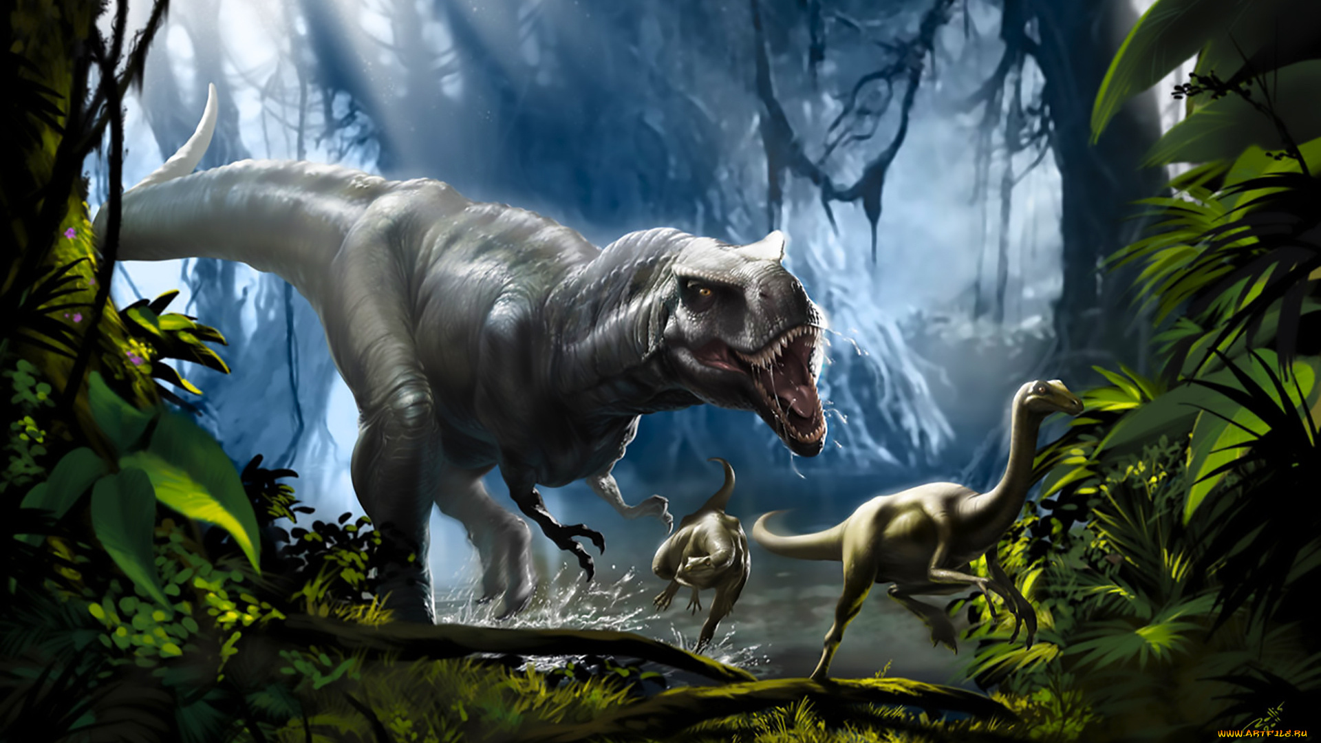 рисованное, животные, , доисторические, лес, динозавры