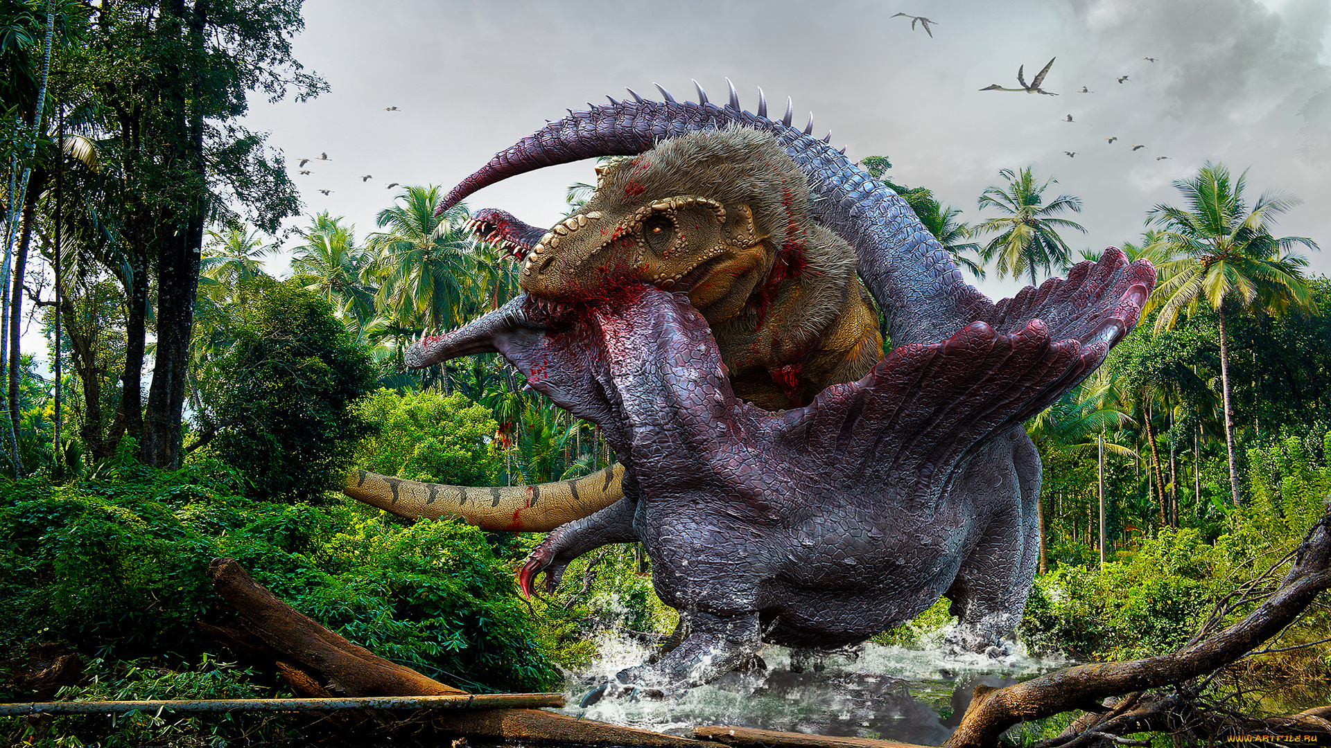 рисованное, животные, , доисторические, лес, динозавры