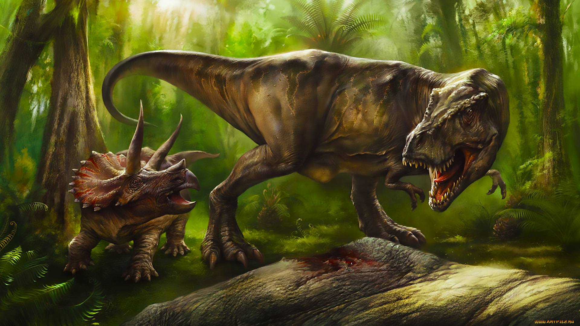 рисованное, животные, , доисторические, лес, динозавры