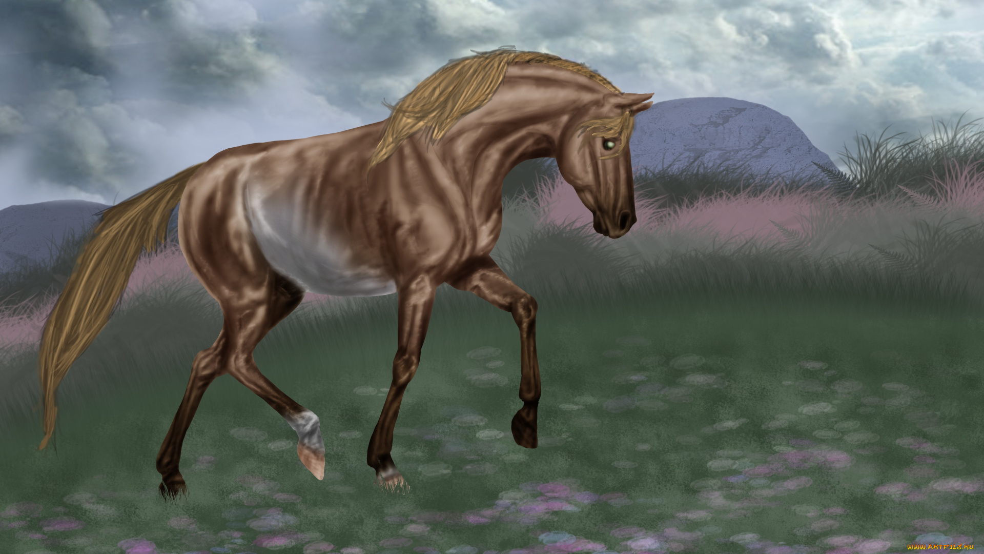 рисованное, животные, , лошади, лошадь, фон