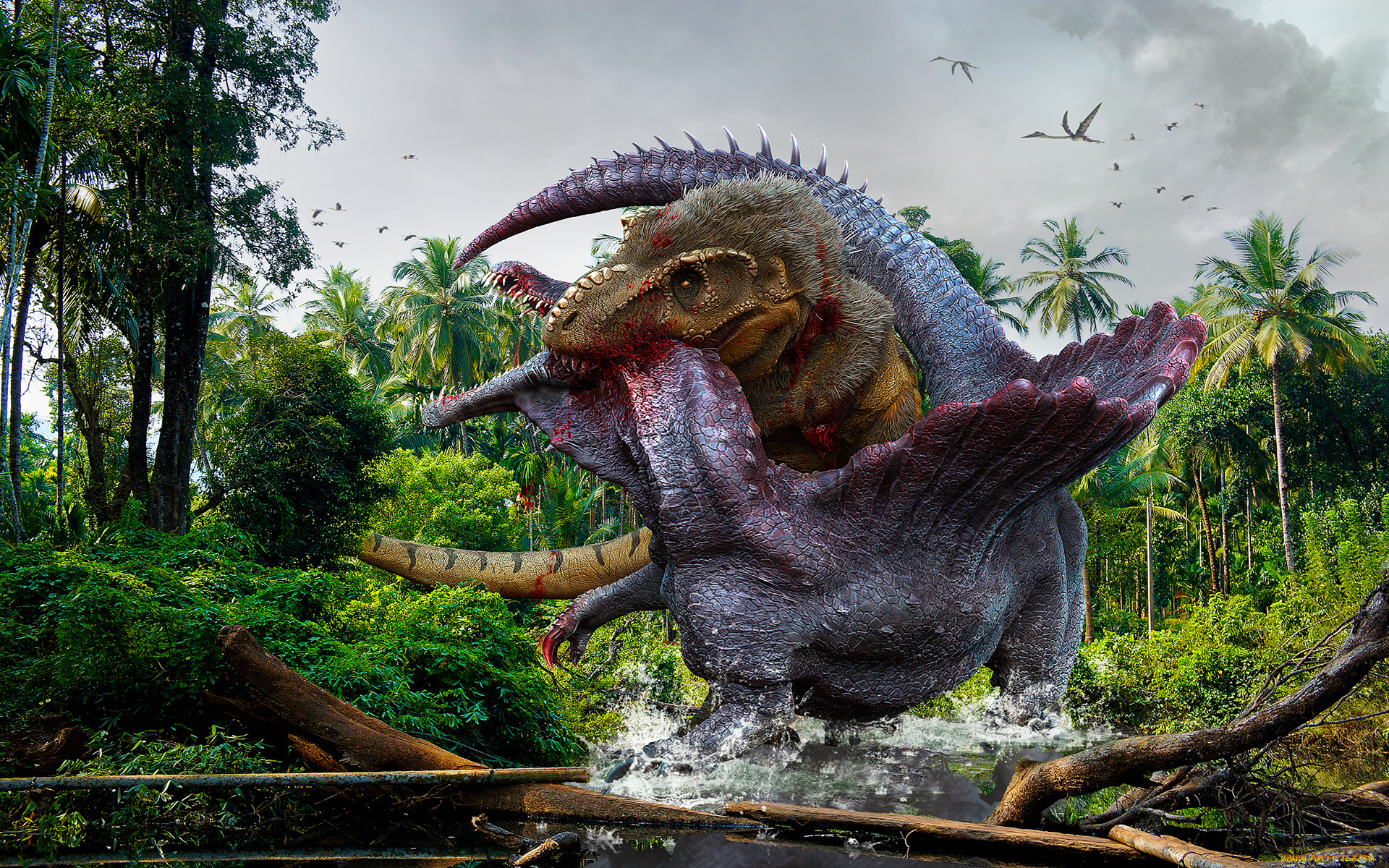 рисованное, животные, , доисторические, лес, динозавры