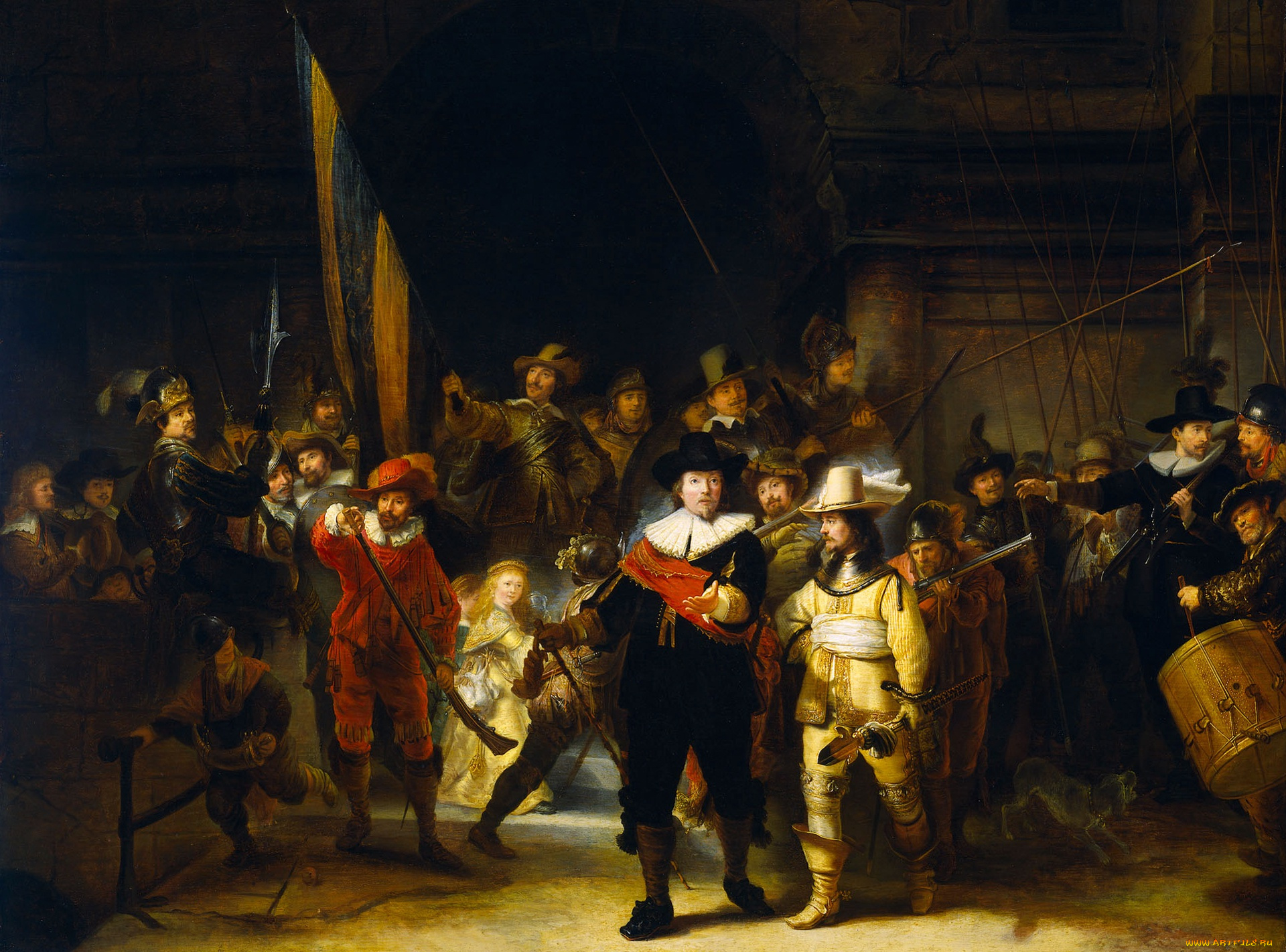 рисованное, живопись, копия, масло, геррит, лунденс, ночной, дозор, рота, капитана, баннинга, кока, дерево, картина