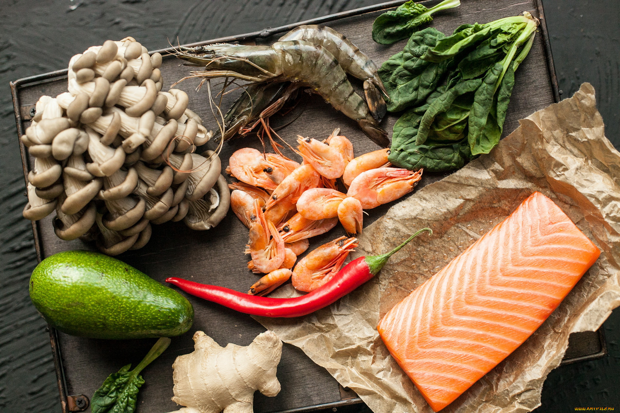 еда, разное, зелень, грибы, морепродукты, креветки, семга