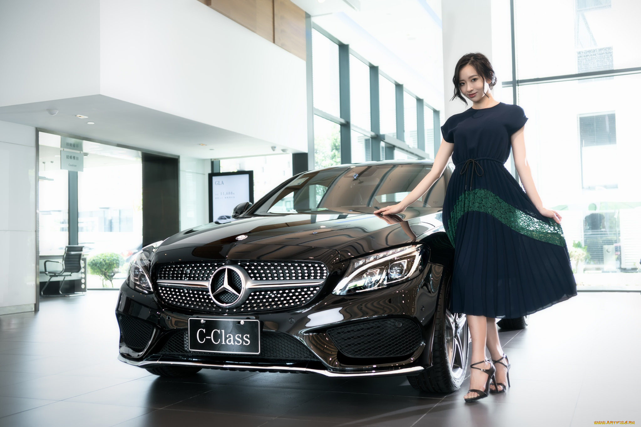 автомобили, -авто, с, девушками, mercedes-benz, азиатка, c-class, мерседес, белый, платье