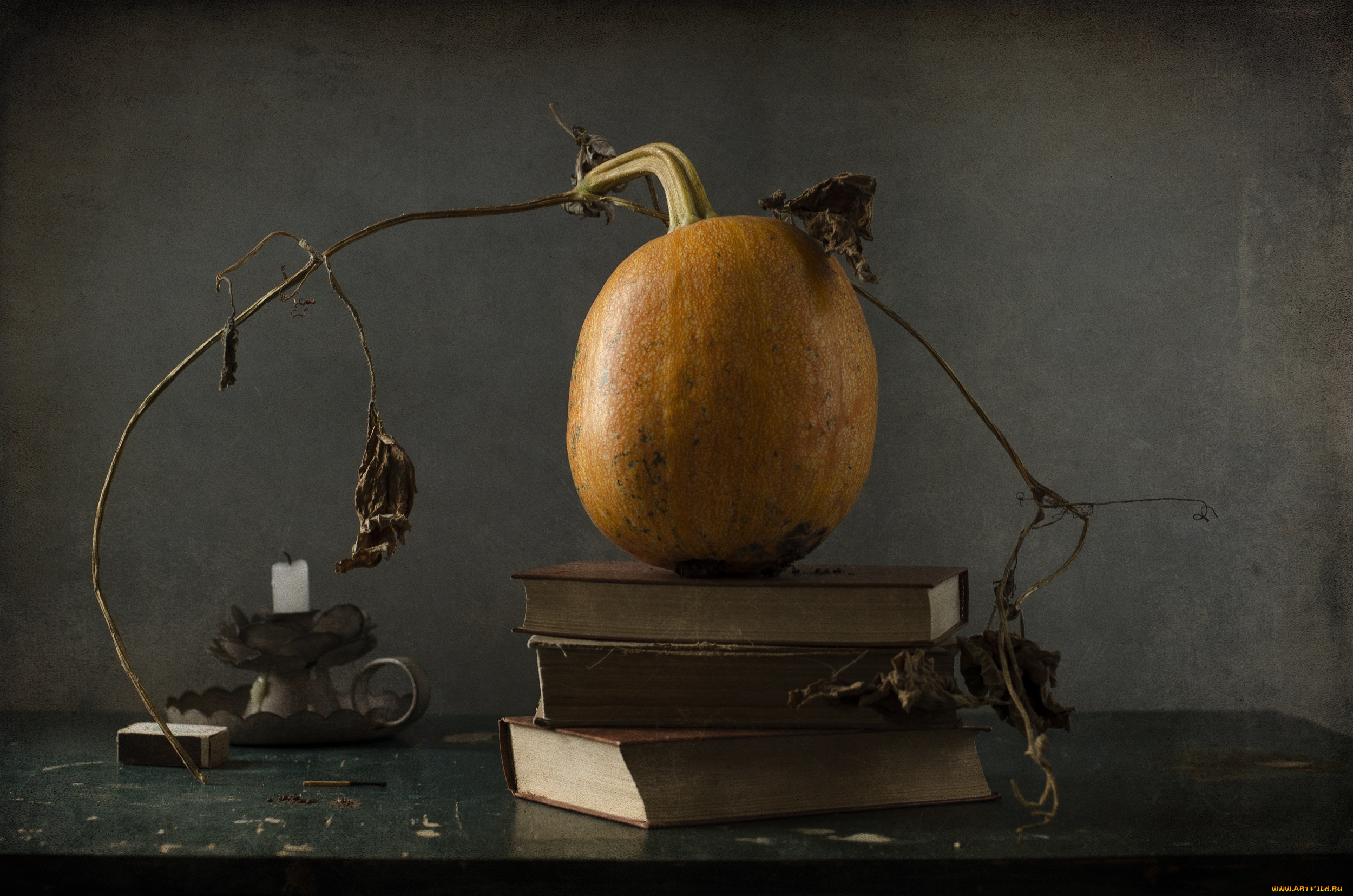 еда, тыква, ветка, сухая, натюрморт, свечи, книги