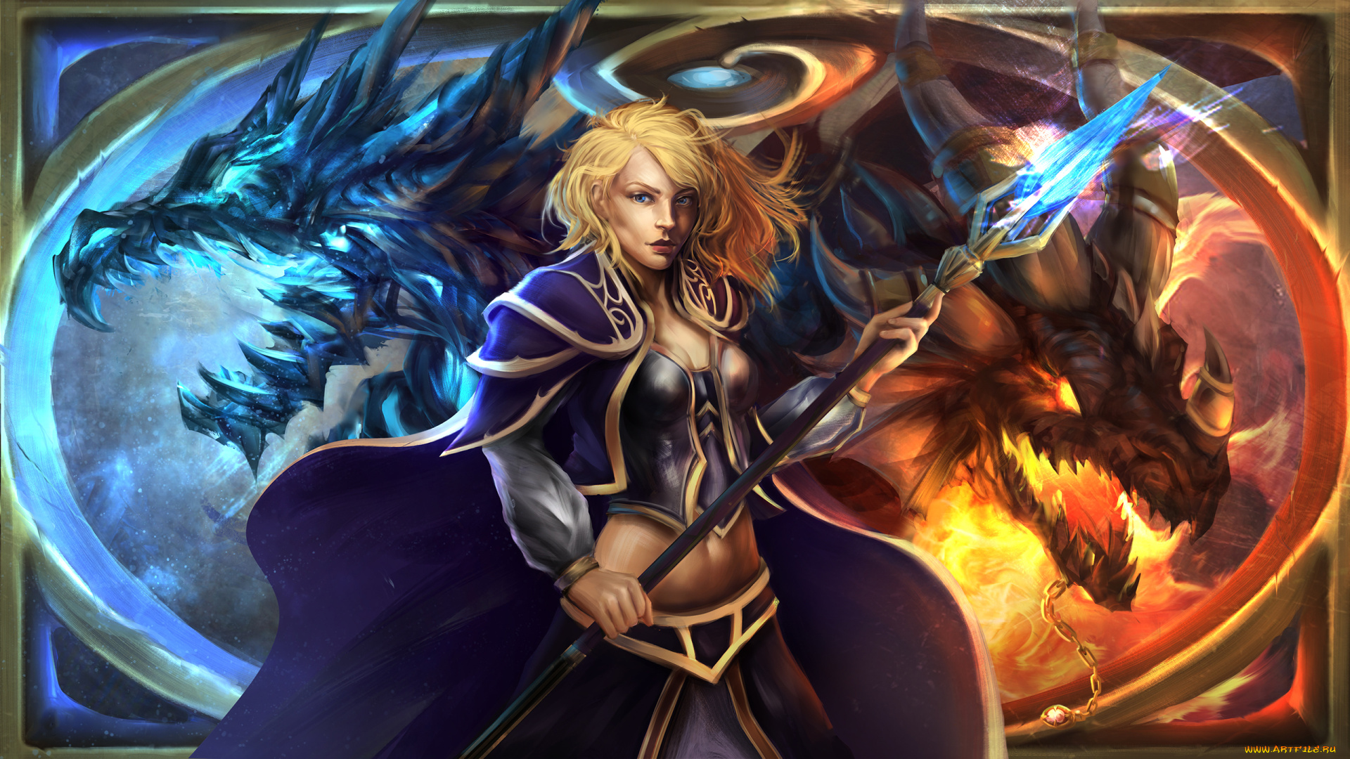 фэнтези, красавицы, и, чудовища, фон, девушка, копье, дракон, взгляд