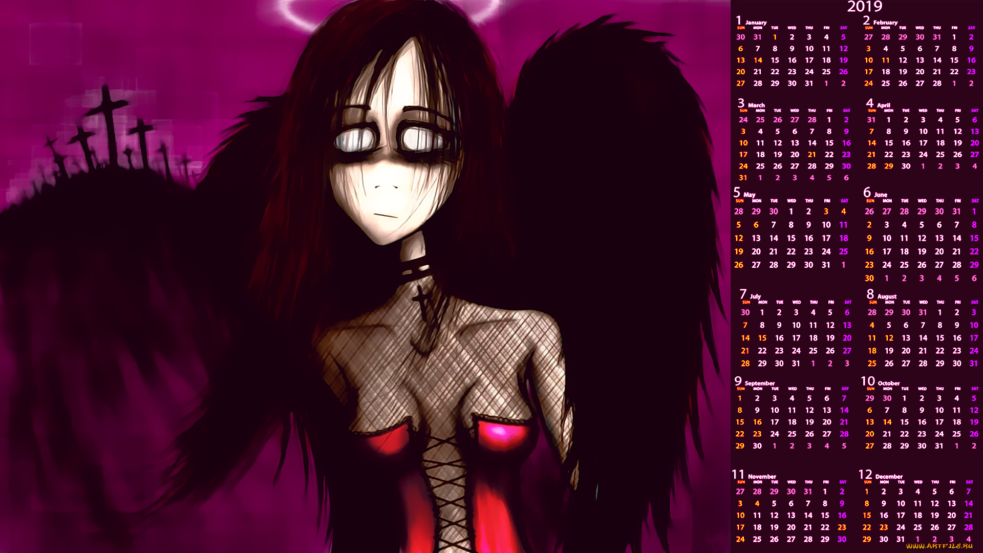 календари, аниме, девушка, крылья, крест