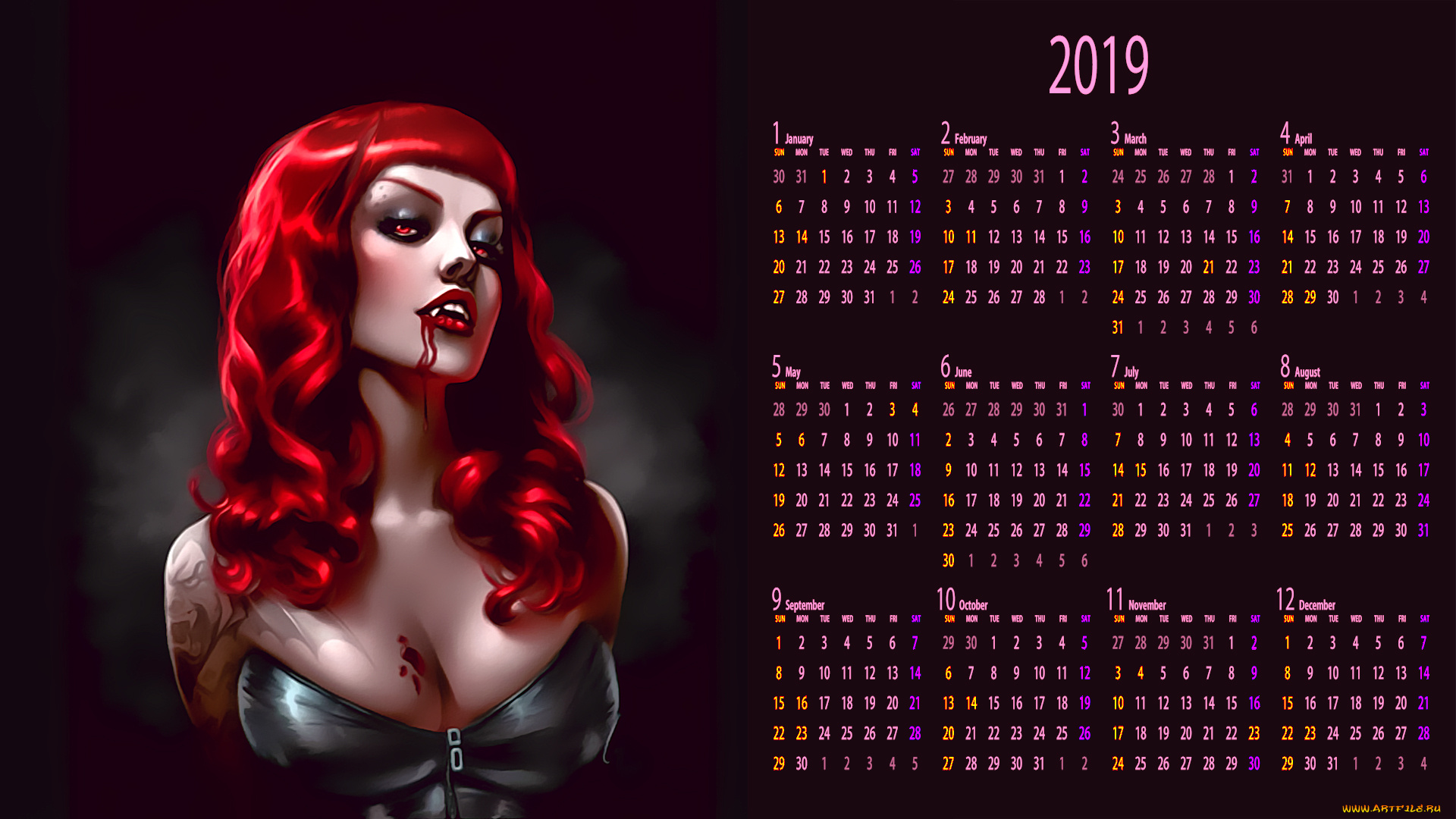 календари, фэнтези, девушка, кровь, тату, взгляд, лицо, вампир