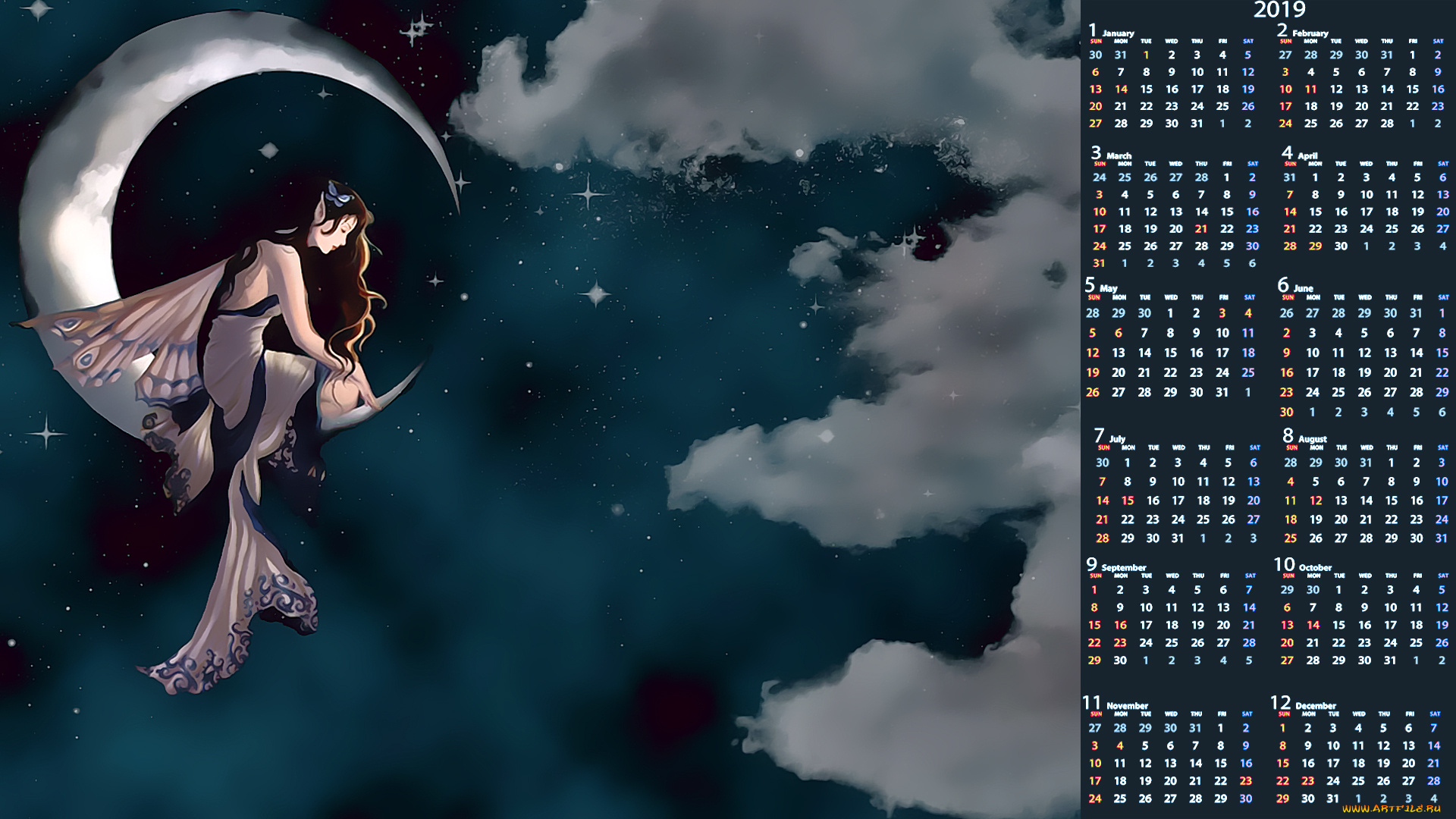 календари, фэнтези, девушка, крылья, ночь, луна, облако