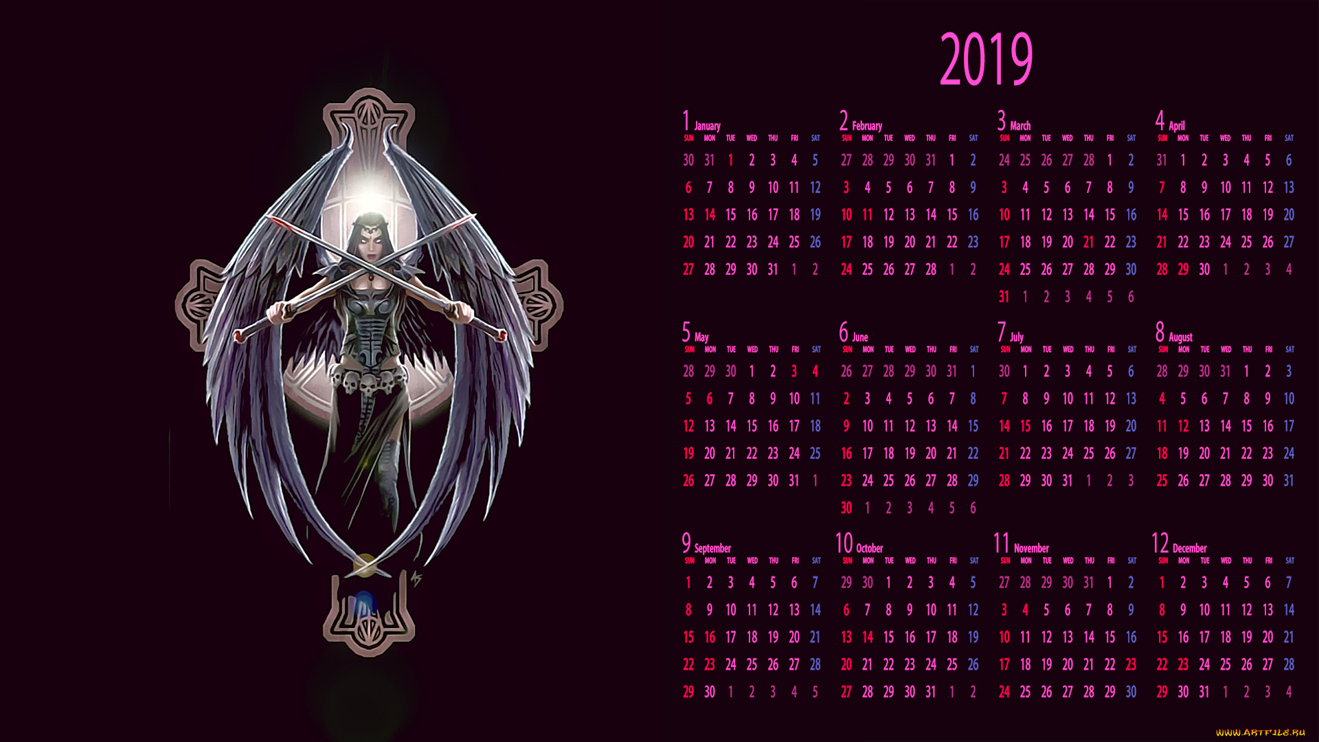 календари, фэнтези, девушка, крылья, оружие