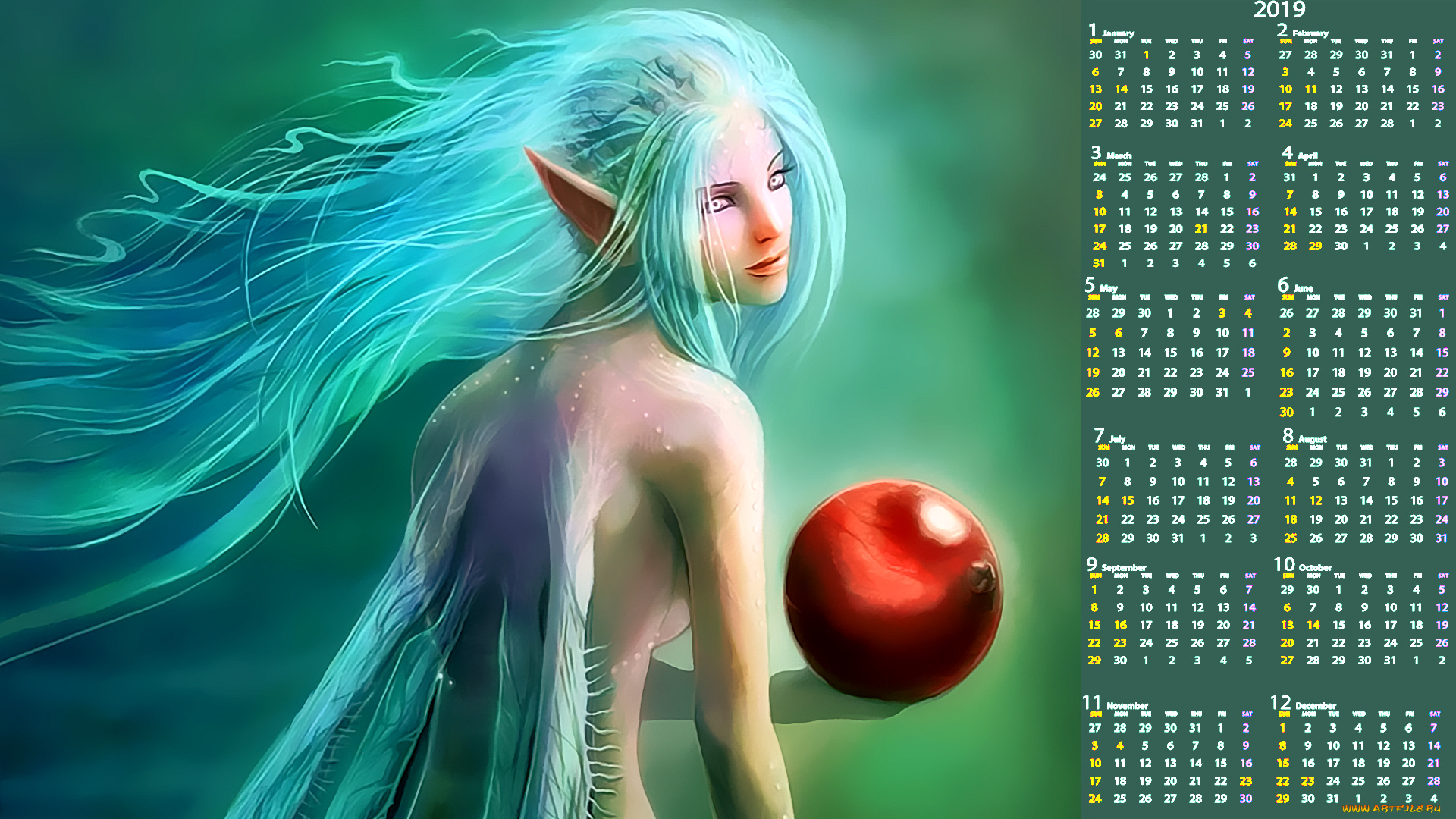 календари, фэнтези, девушка, крылья, существо