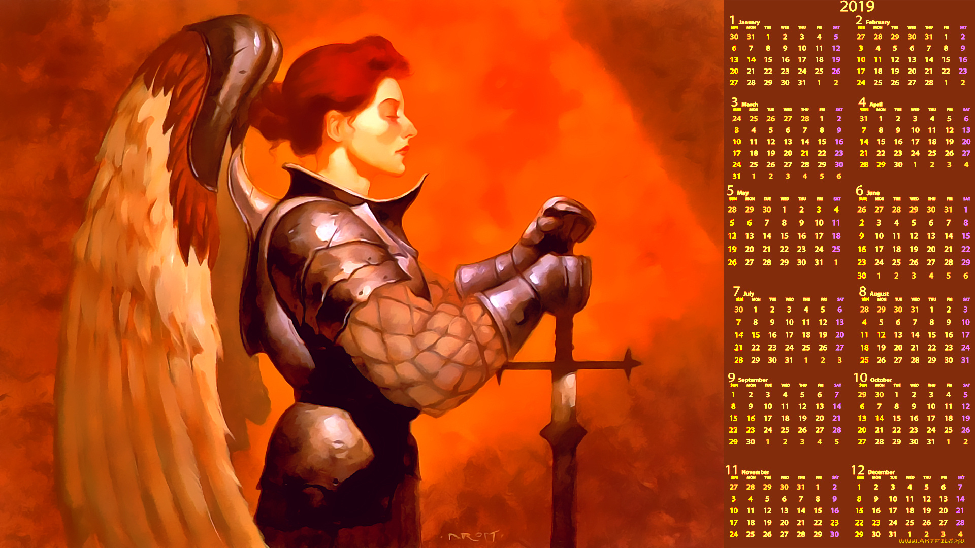 календари, фэнтези, крылья, оружие, профиль, воин