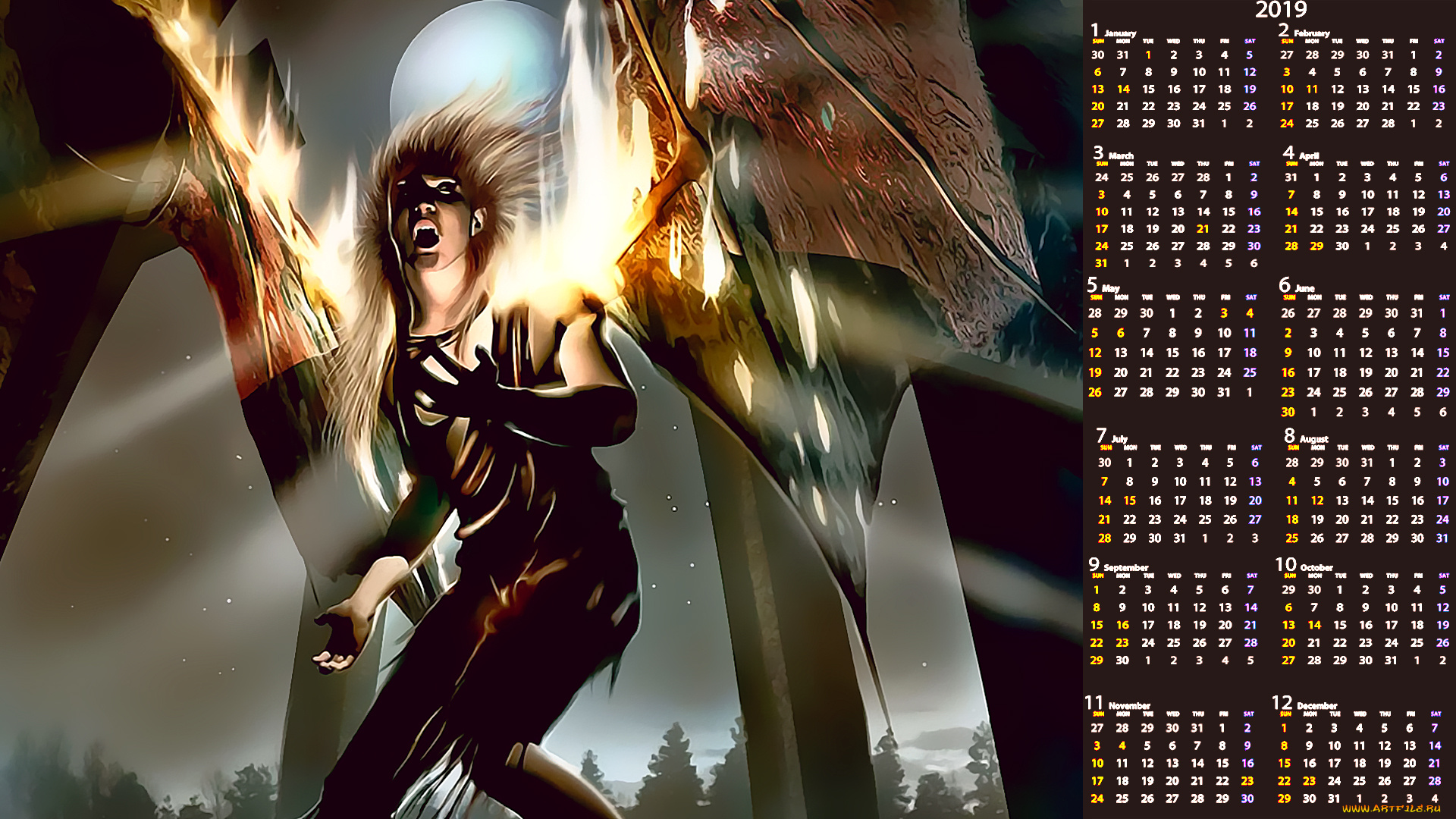 календари, фэнтези, женщина, крылья