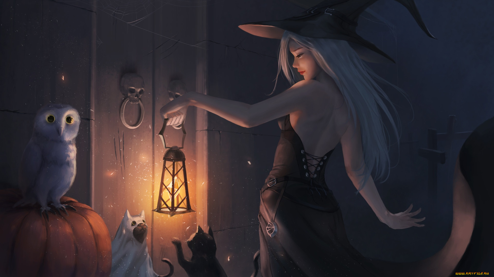 праздничные, хэллоуин, девушка, кошки, сова, шляпа, платье, дверь, арт, фонарь, halloween, черепа, ведьма