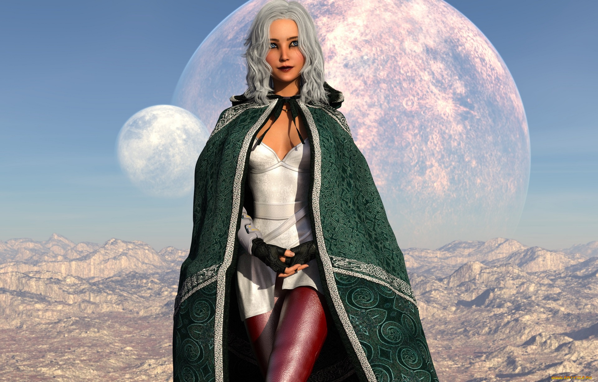 3д, графика, фантазия, , fantasy, плащ, девушка, планета