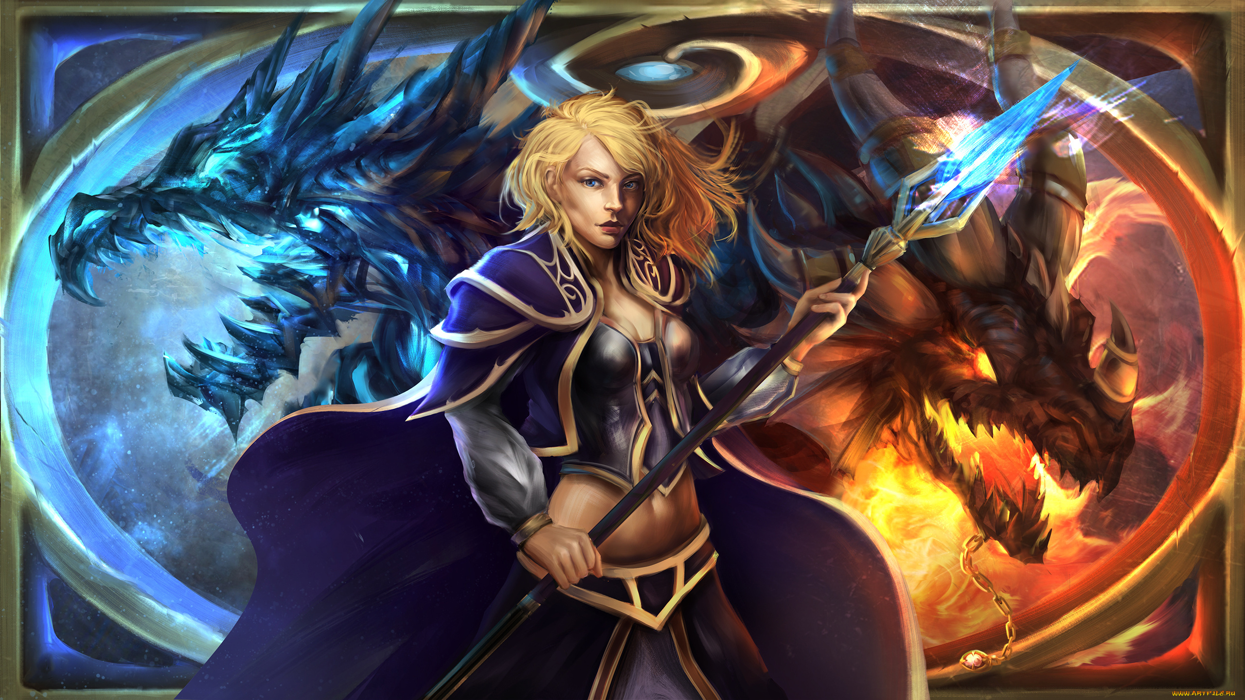 фэнтези, красавицы, и, чудовища, фон, девушка, копье, дракон, взгляд