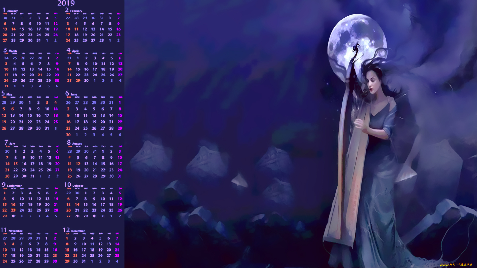 календари, фэнтези, луна, девушка, calendar, 2019
