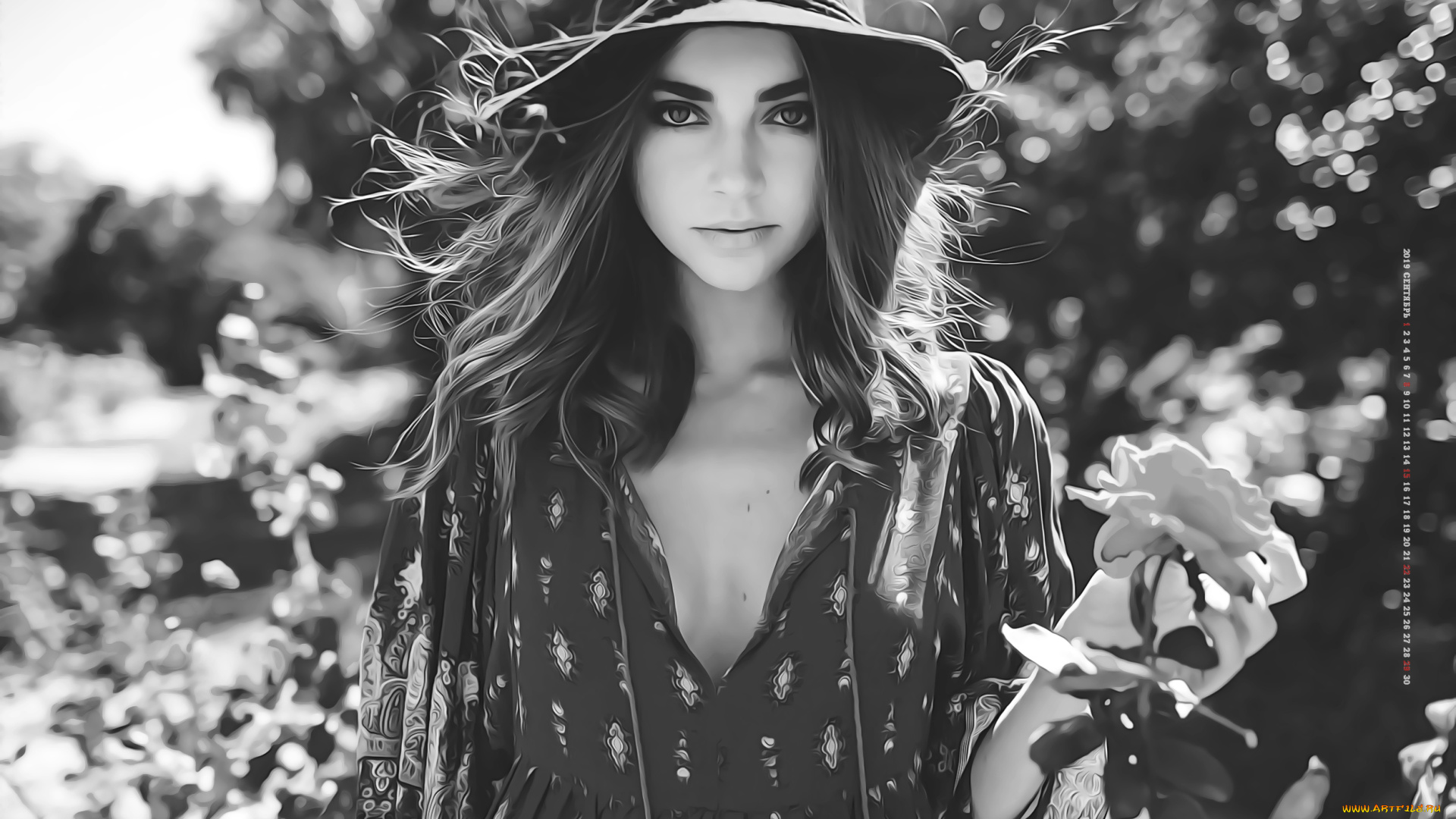 календари, компьютерный, дизайн, 2019, calendar, женщина, взгляд, девушка, природа, цветы, шляпа