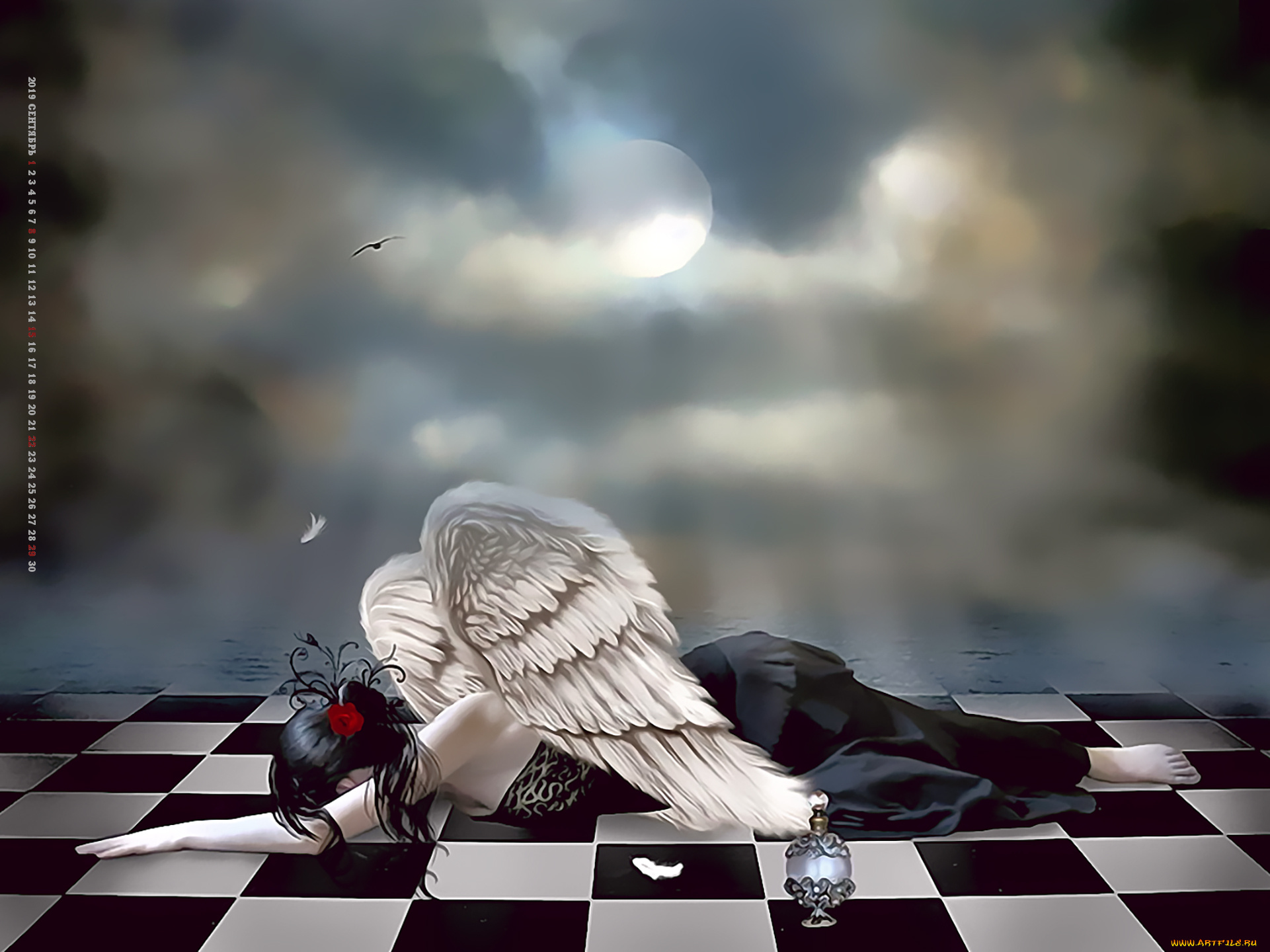 календари, фэнтези, 2019, calendar, доска, шахматная, крылья, девушка