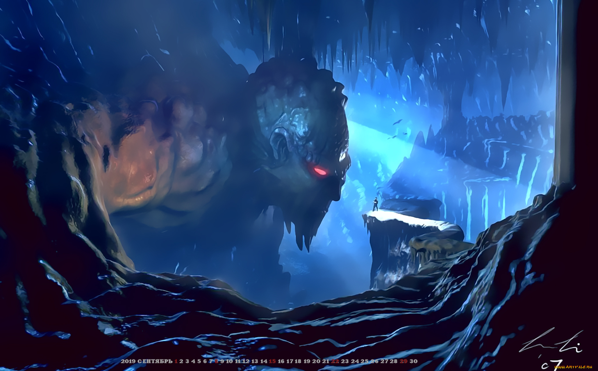 календари, фэнтези, calendar, 2019, лицо, пещера, статуя