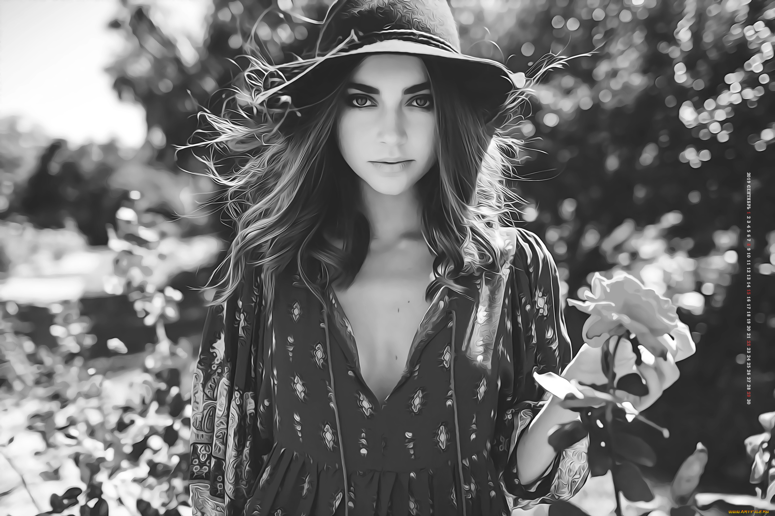 календари, компьютерный, дизайн, 2019, calendar, женщина, взгляд, девушка, природа, цветы, шляпа