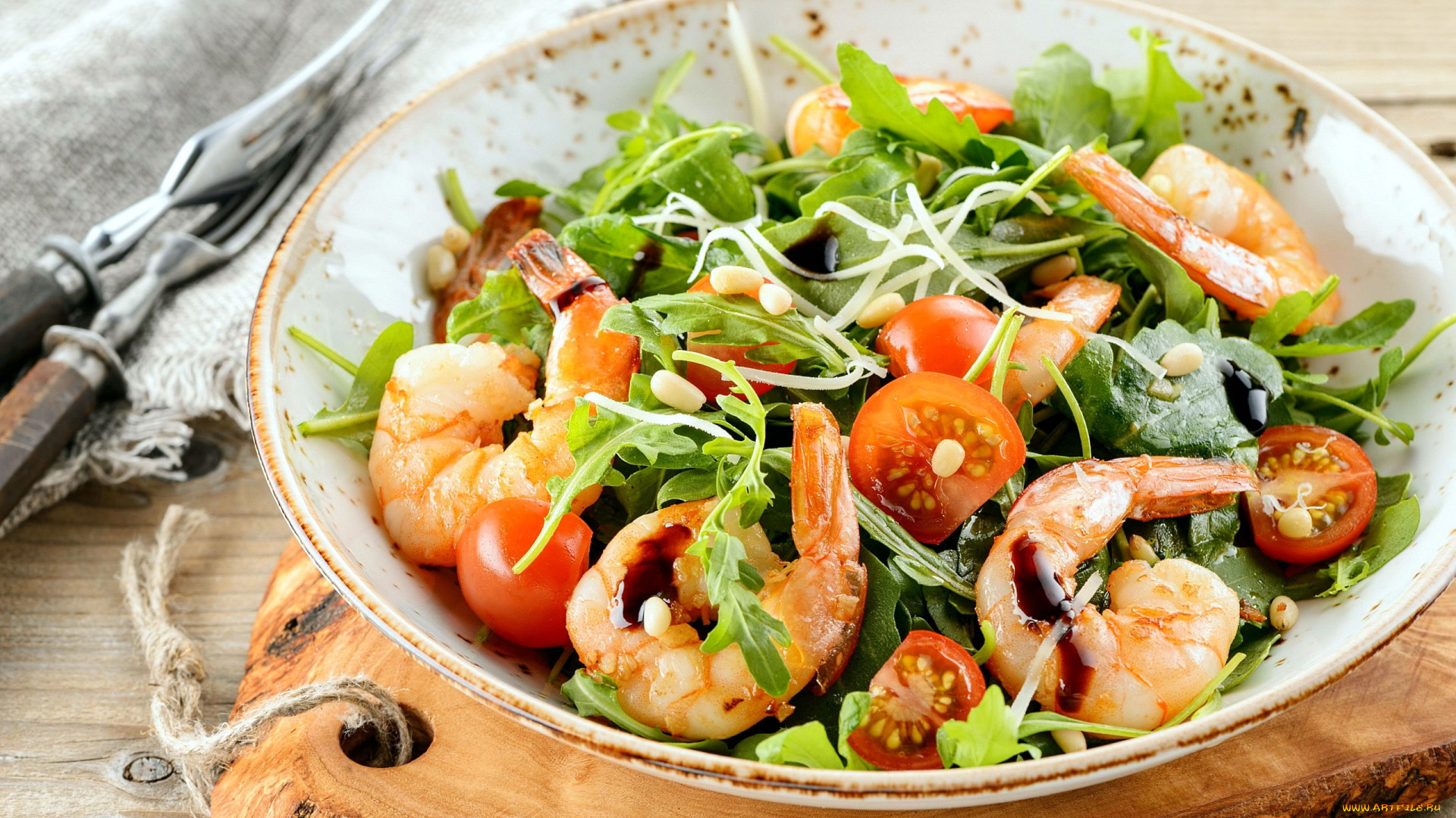 еда, рыбные, блюда, , с, морепродуктами, креветки, помидоры, зелень