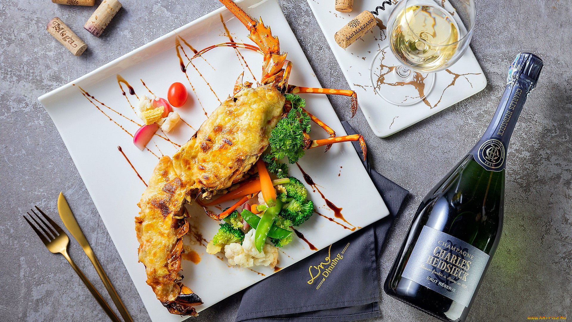 еда, рыбные, блюда, , с, морепродуктами, лангуст, вино