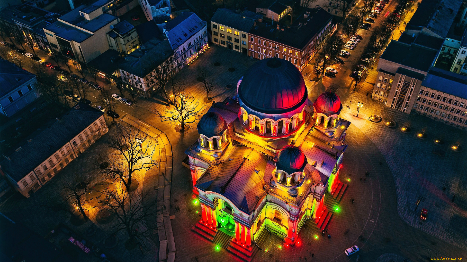 города, каунас, , литва, вид, сверху, город, здания, сделанное, человеком, ночь, подсветка