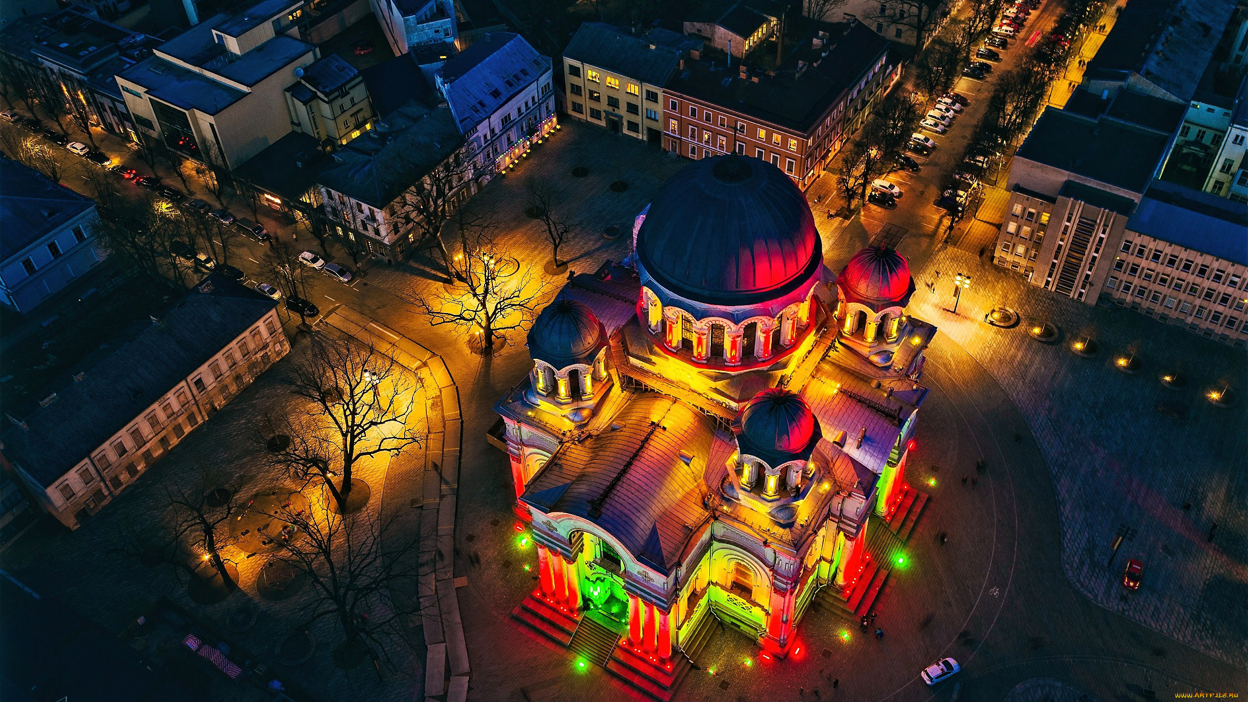 города, каунас, , литва, вид, сверху, город, здания, сделанное, человеком, ночь, подсветка