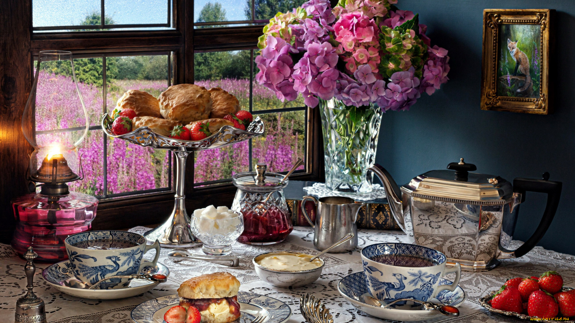 еда, натюрморт, гортензия, лампа, чай, булочки, клубника, сахар