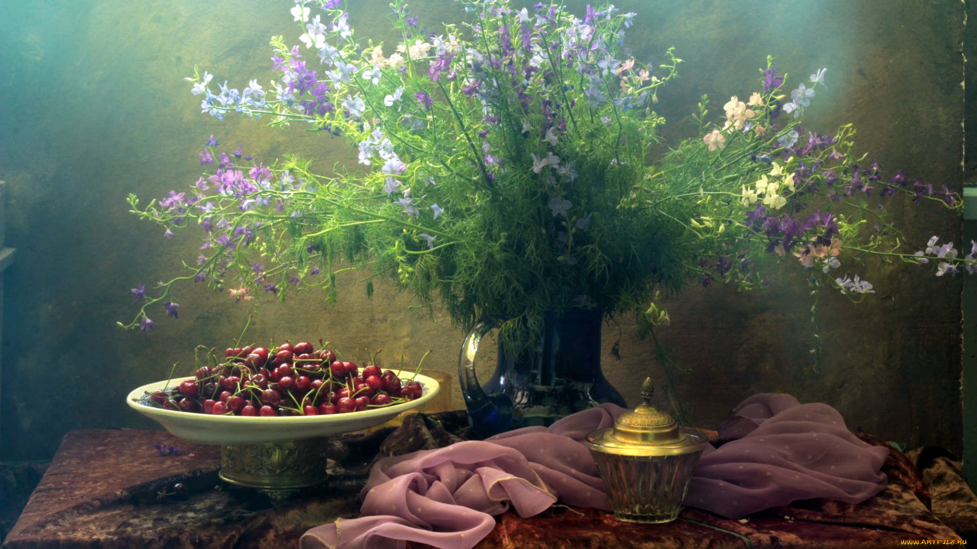 еда, вишня, , черешня, букет, полевые, цветы, вишни, ваза