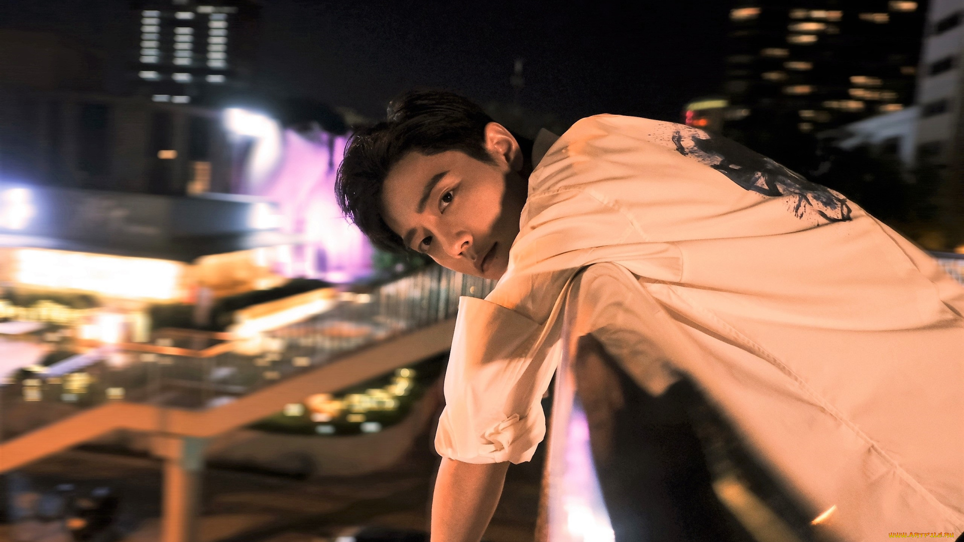 мужчины, xiao, zhan, актер, рубашка, мост, город, огни