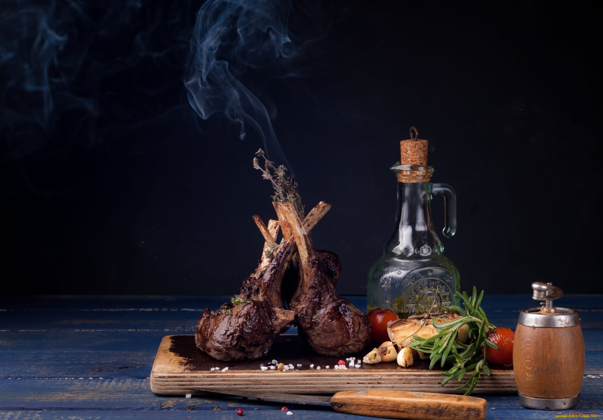 еда, мясные, блюда, ребрышки, розмарин, масло, чеснок