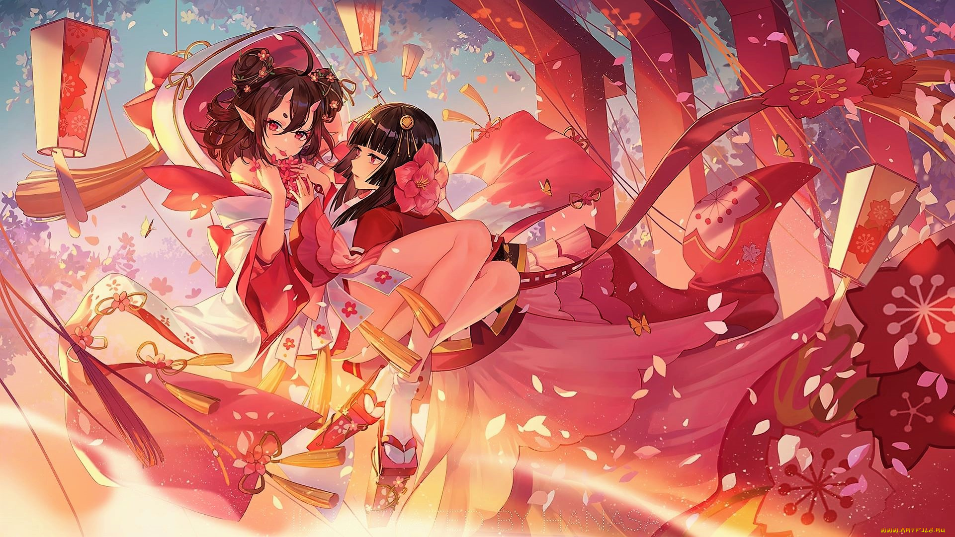 аниме, onmyouji, девочки, лепестки